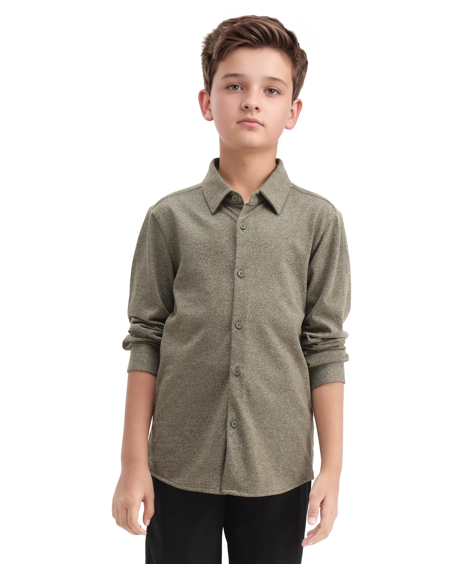 Rare Ones Kids Bler-K Olive Cotton Blend Solid Button Closure Regular Fit Shirt - Image 4
