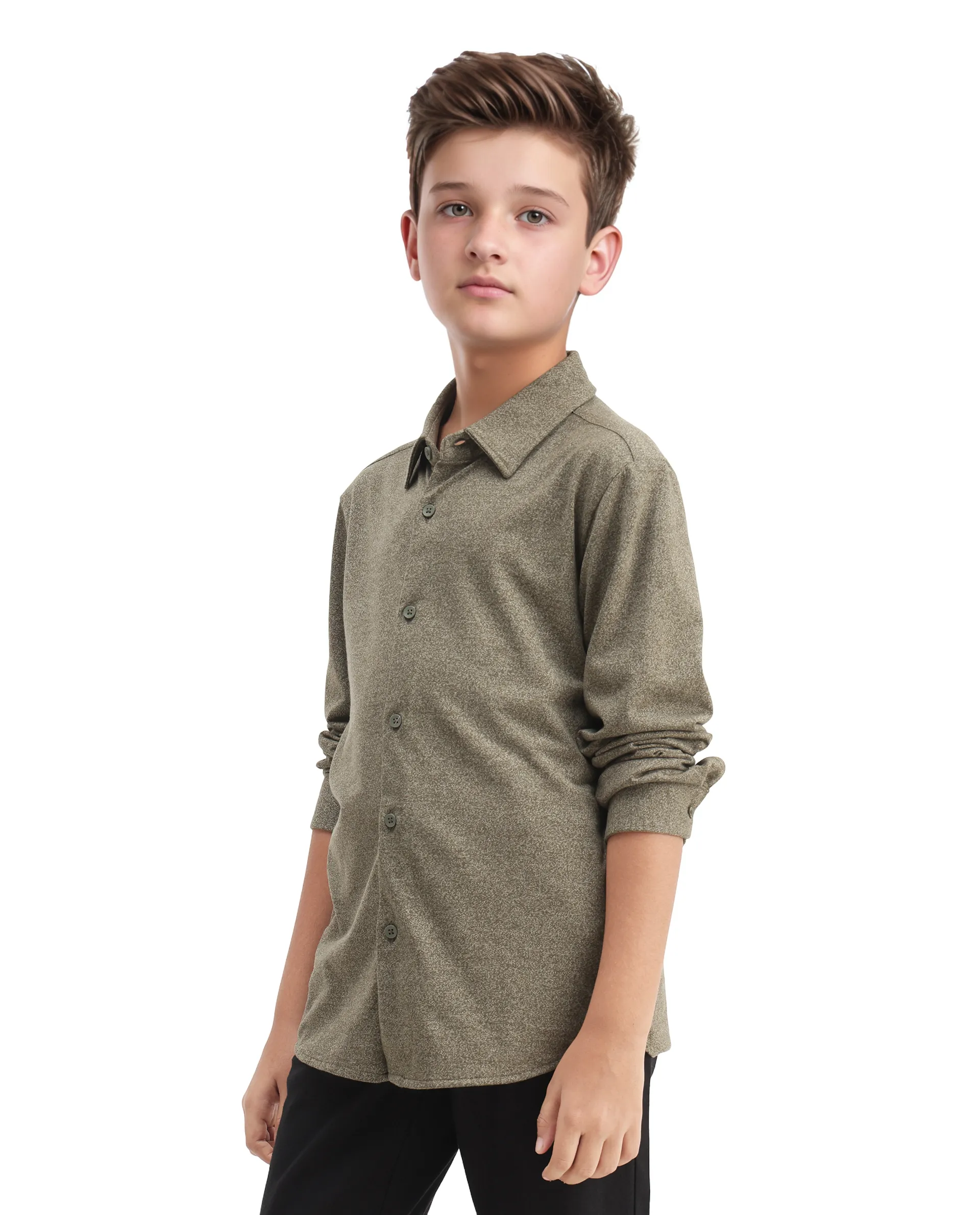 Rare Ones Kids Bler-K Olive Cotton Blend Solid Button Closure Regular Fit Shirt - Image 5