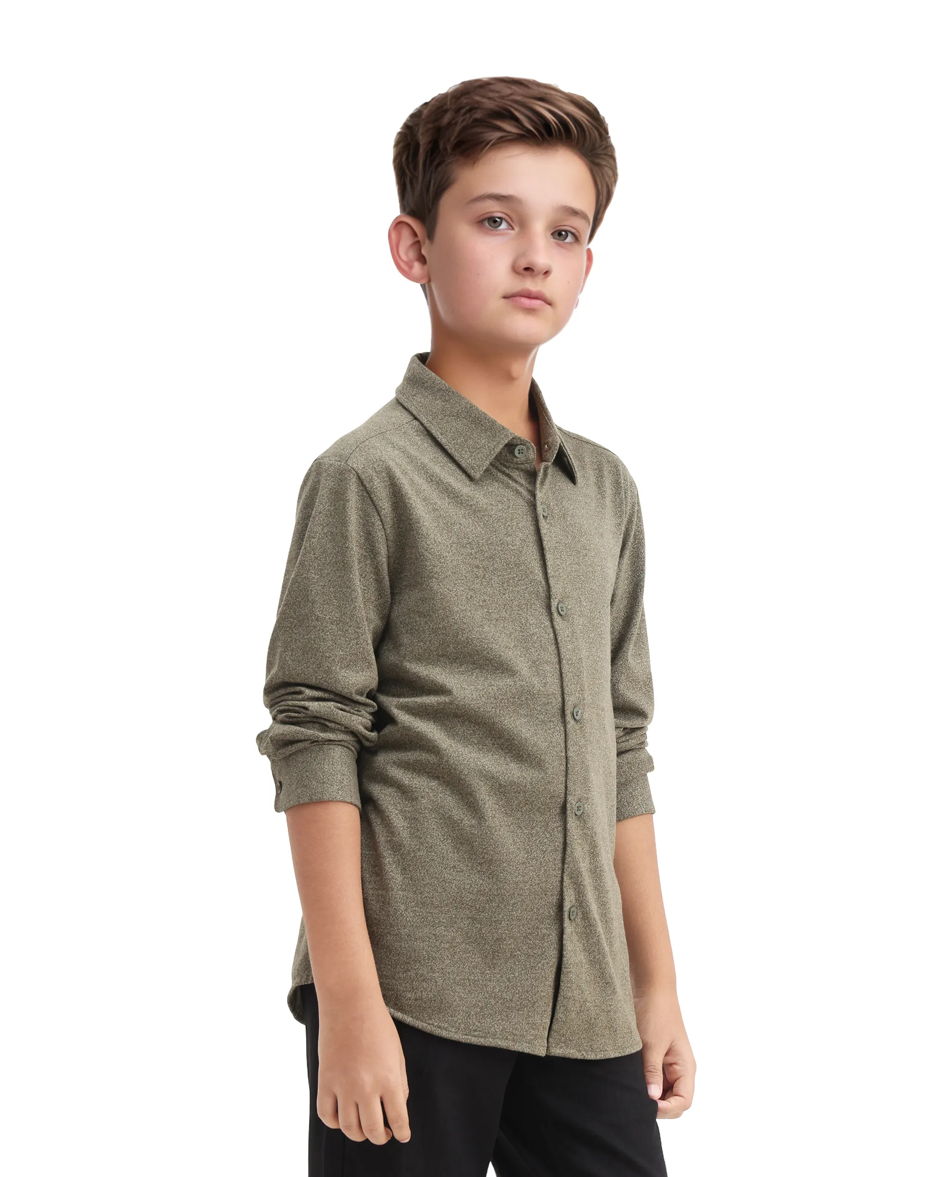 Rare Ones Kids Bler-K Olive Cotton Blend Solid Button Closure Regular Fit Shirt - Image 6
