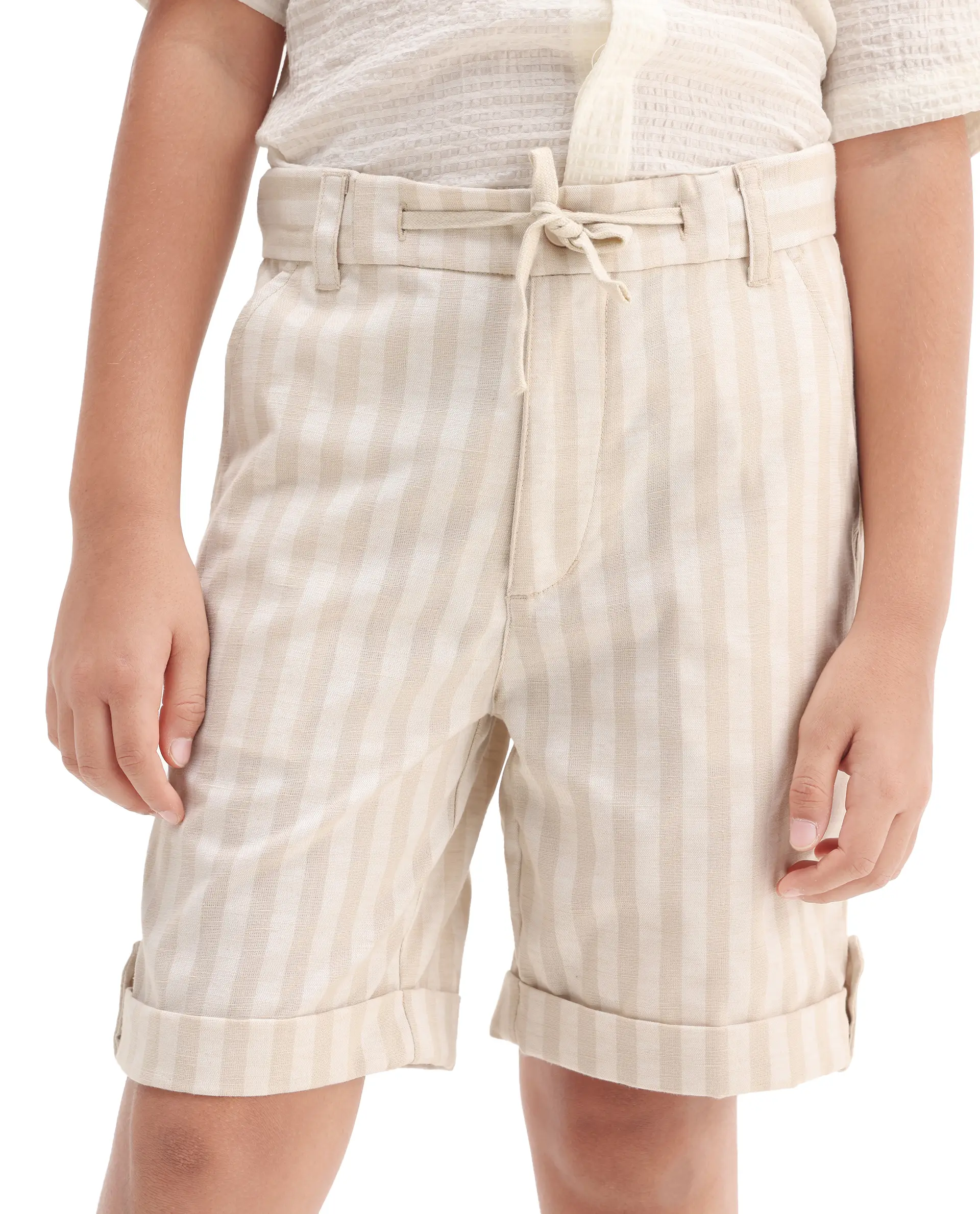 Rare Ones Kids Danni Beige Polyester Striped Button & Zip Closure Regular Fit Shorts - Image 3