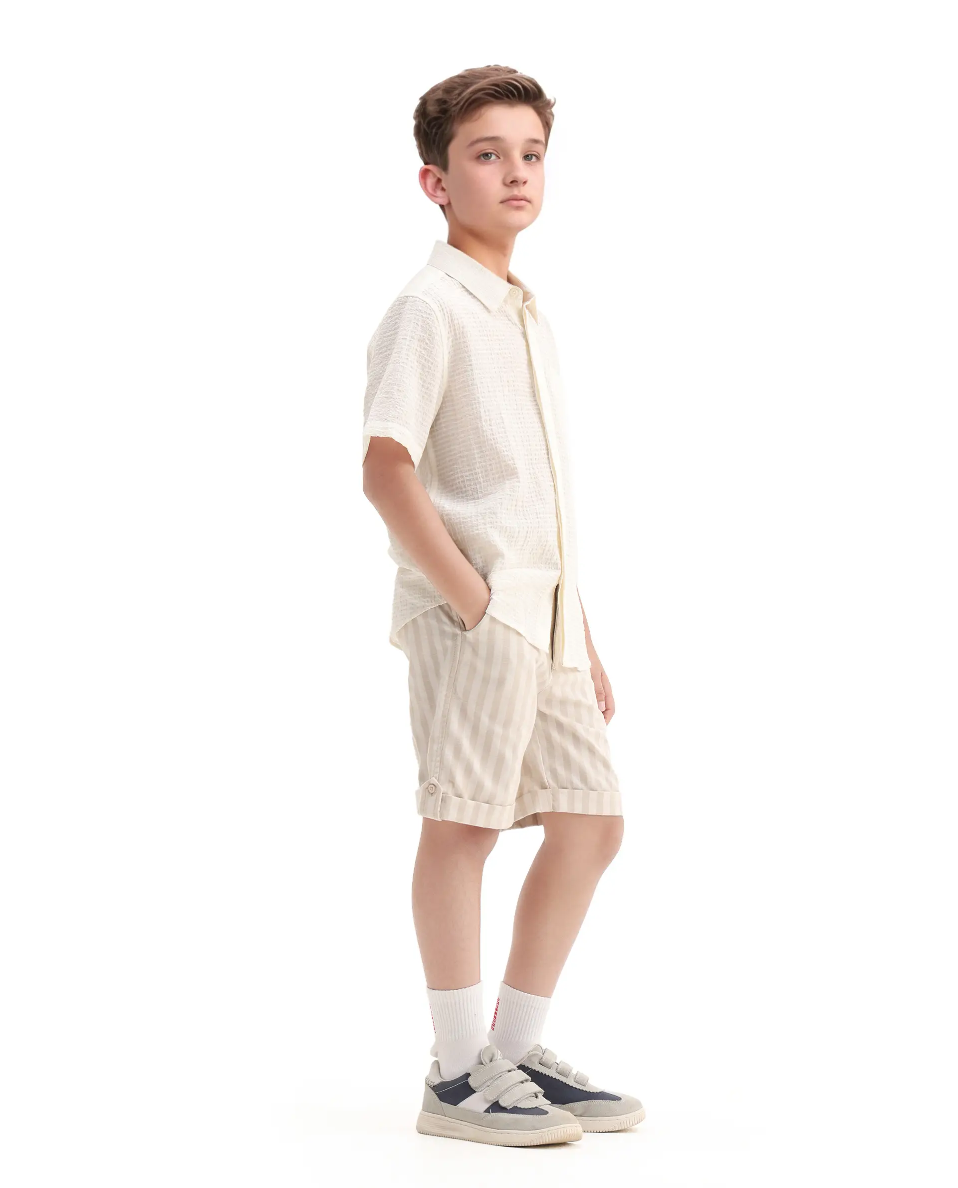 Rare Ones Kids Danni Beige Polyester Striped Button & Zip Closure Regular Fit Shorts - Image 7