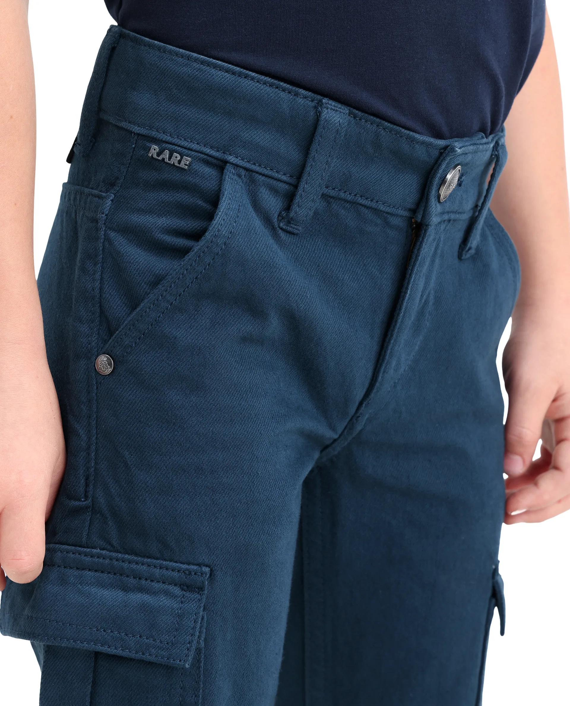 Rare Ones Kids Arrot-1 Dark Teal Cotton Fabric Zipper Closure Cargo Fit Jeans - Image 4