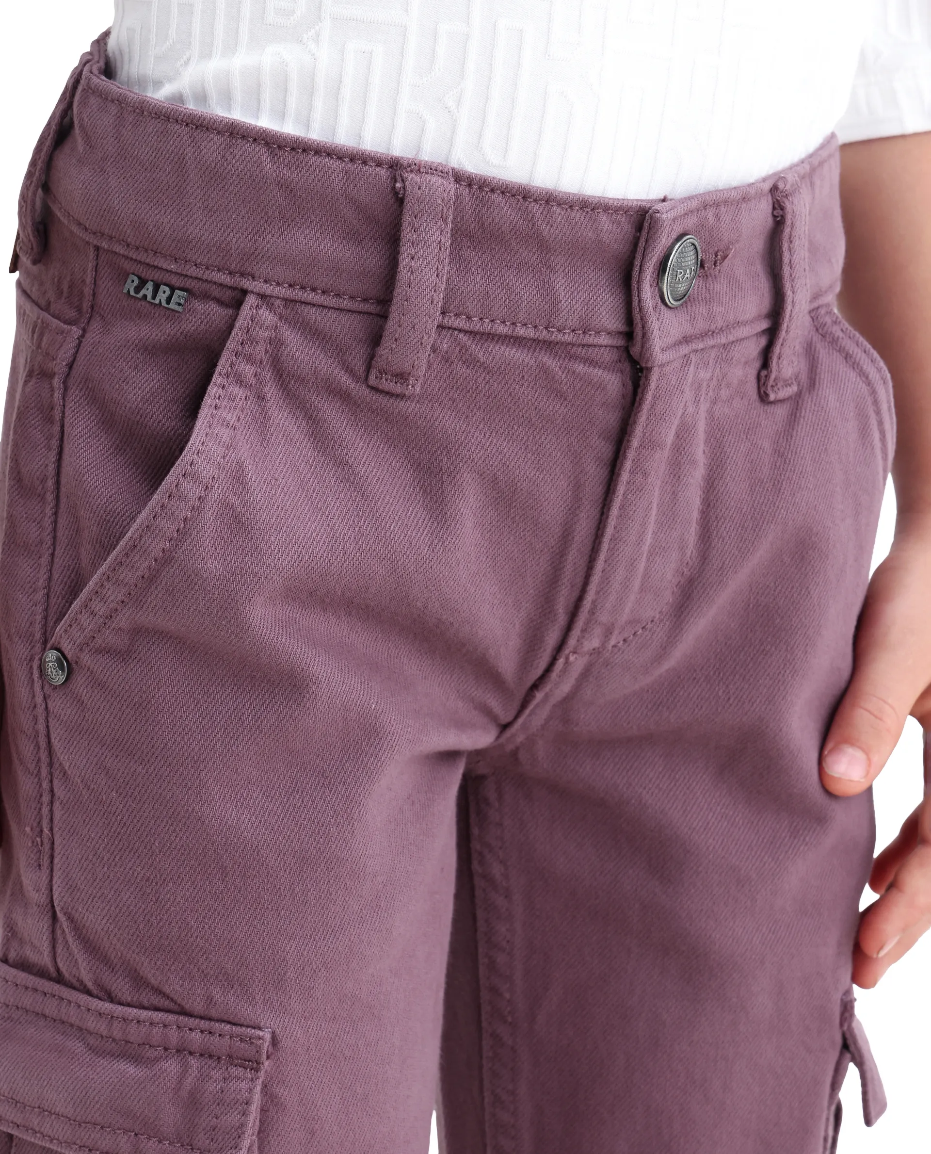 Rare Ones Kids Arrot-2 Dusky Purple Cotton Fabric Zipper Closure Cargo Fit Jeans - Image 5