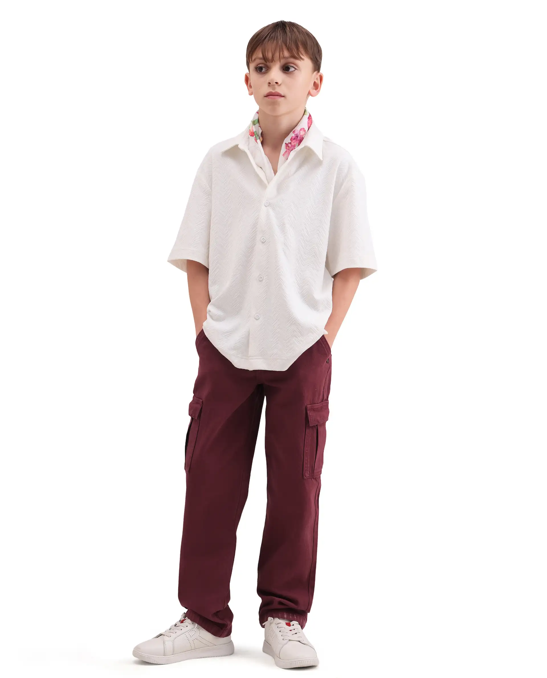 Rare Ones Kids Arrow-3 Maroon Cotton Fabric Zipper Closure Relaxed Fit Jeans