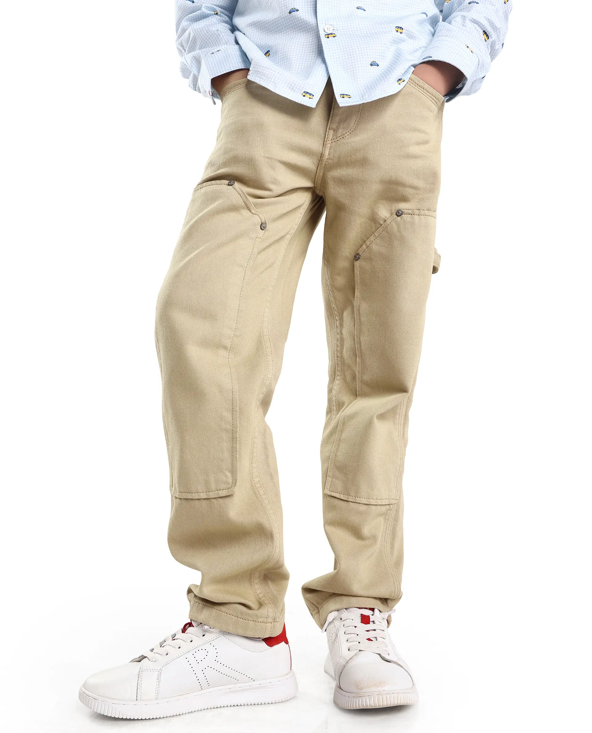 Rare Ones Kids Arvi-K Beige Cotton Button And Zip Carpenter Fit Denim Pant - Image 2