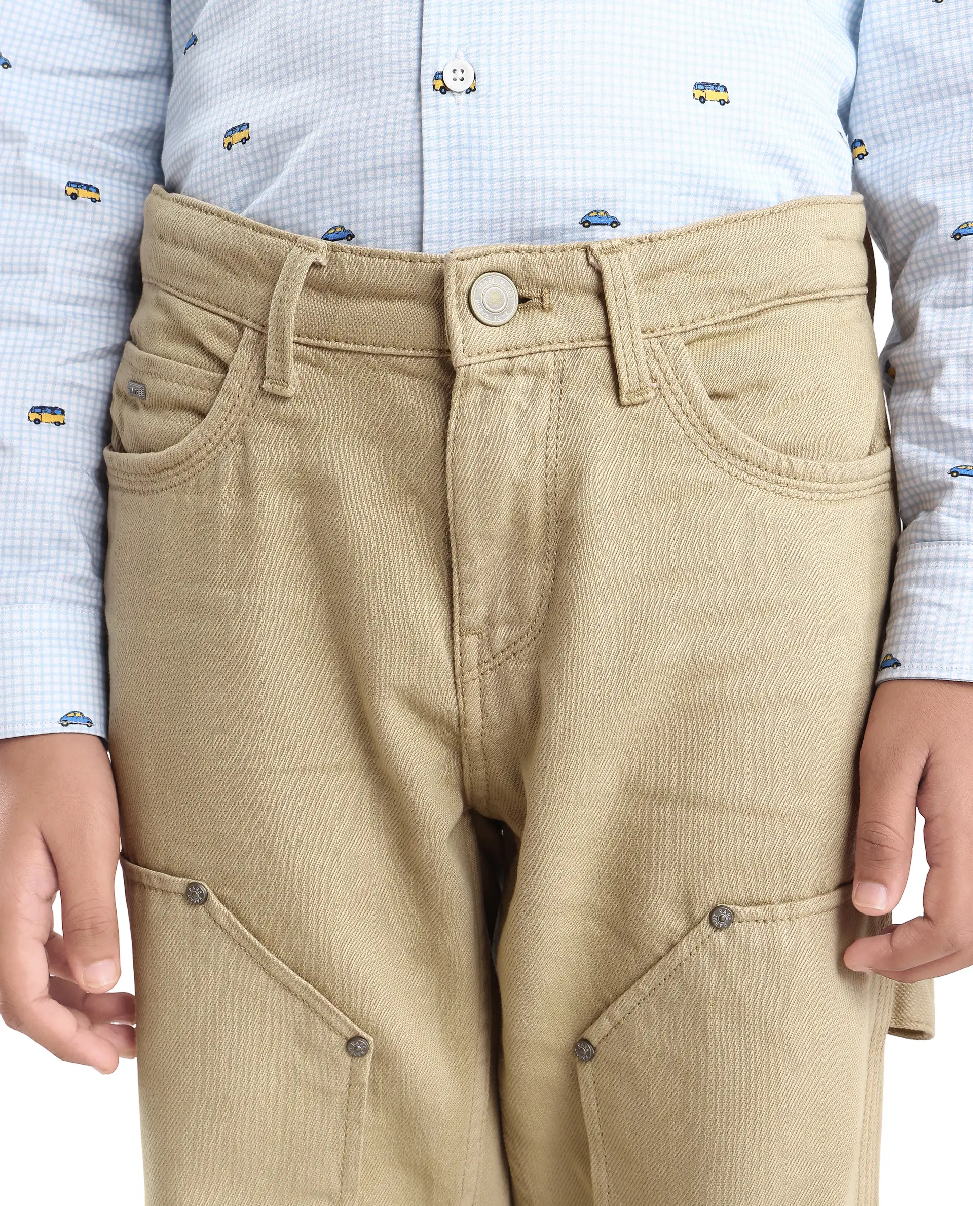 Rare Ones Kids Arvi-K Beige Cotton Button And Zip Carpenter Fit Denim Pant - Image 3