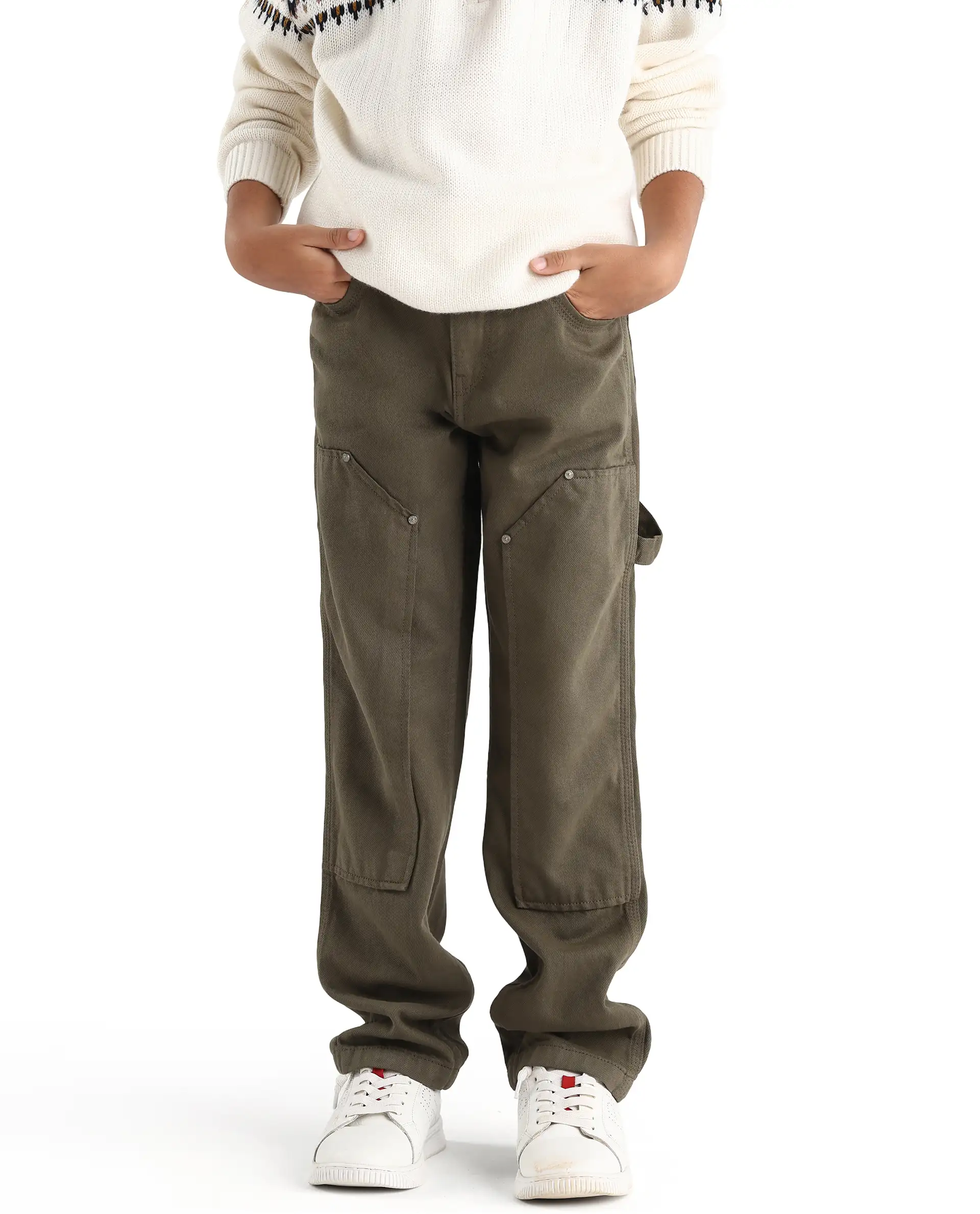 Rare Ones Kids Arvi-K Green Cotton Button And Zip Carpenter Fit Denim Pant - Image 2