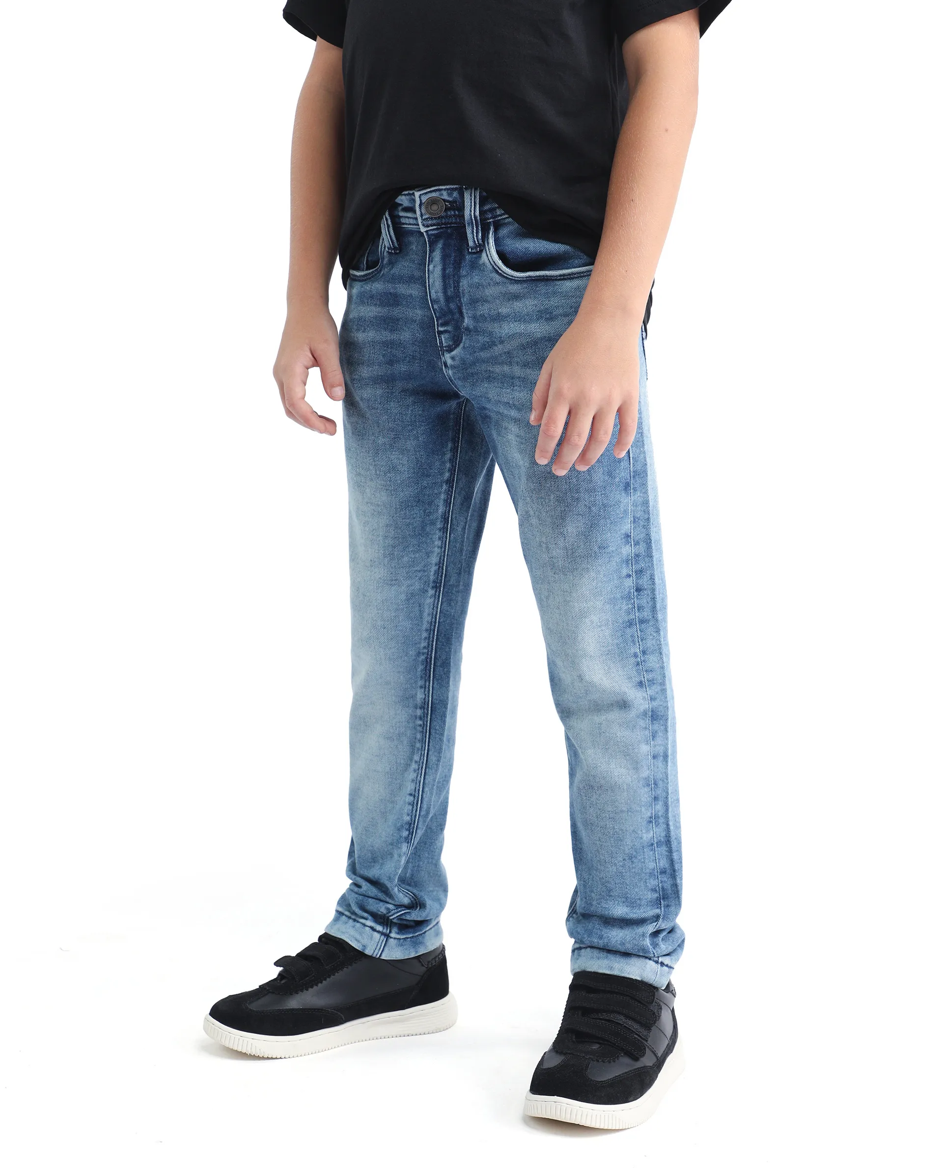 Rare Ones Kids Blux-K Dark Blue Cotton Blend Button And Zip Closure Plain Slim Fit Jeans - Image 2
