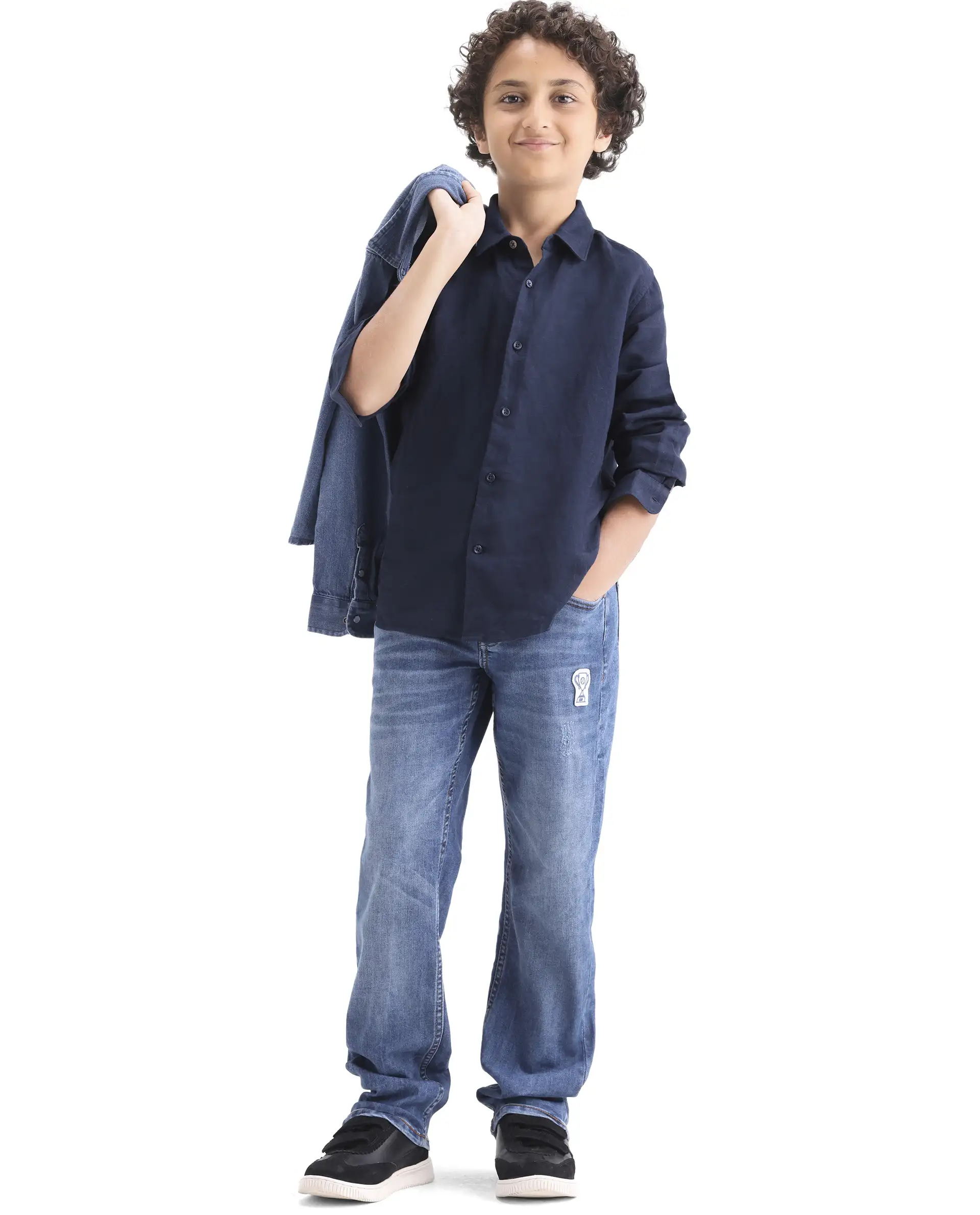 Rare Ones Kids Dino Blue Cotton Blend Fabric Zipper Closure Regular Fit Denim Pant