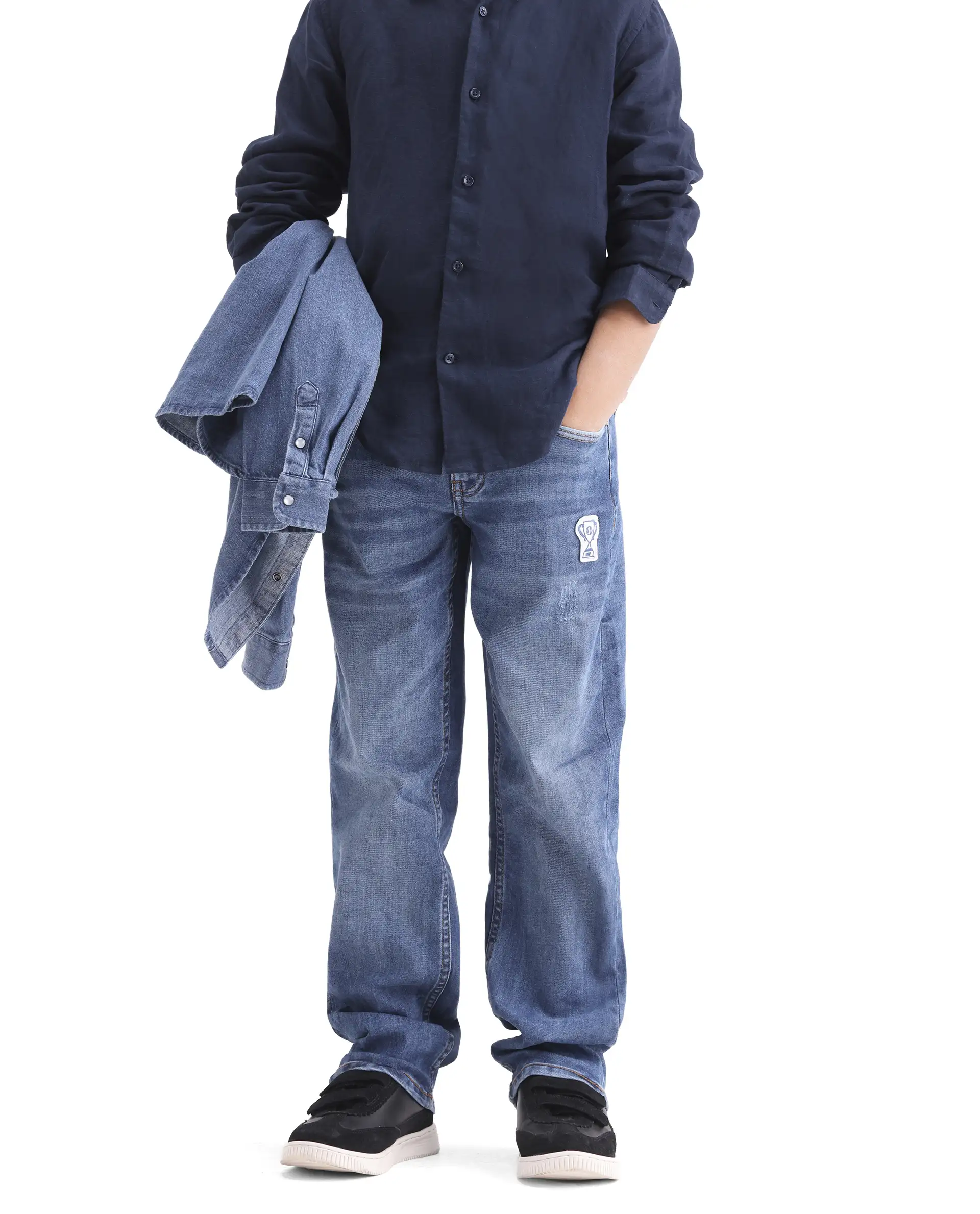 Rare Ones Kids Dino Blue Cotton Blend Fabric Zipper Closure Regular Fit Denim Pant - Image 2