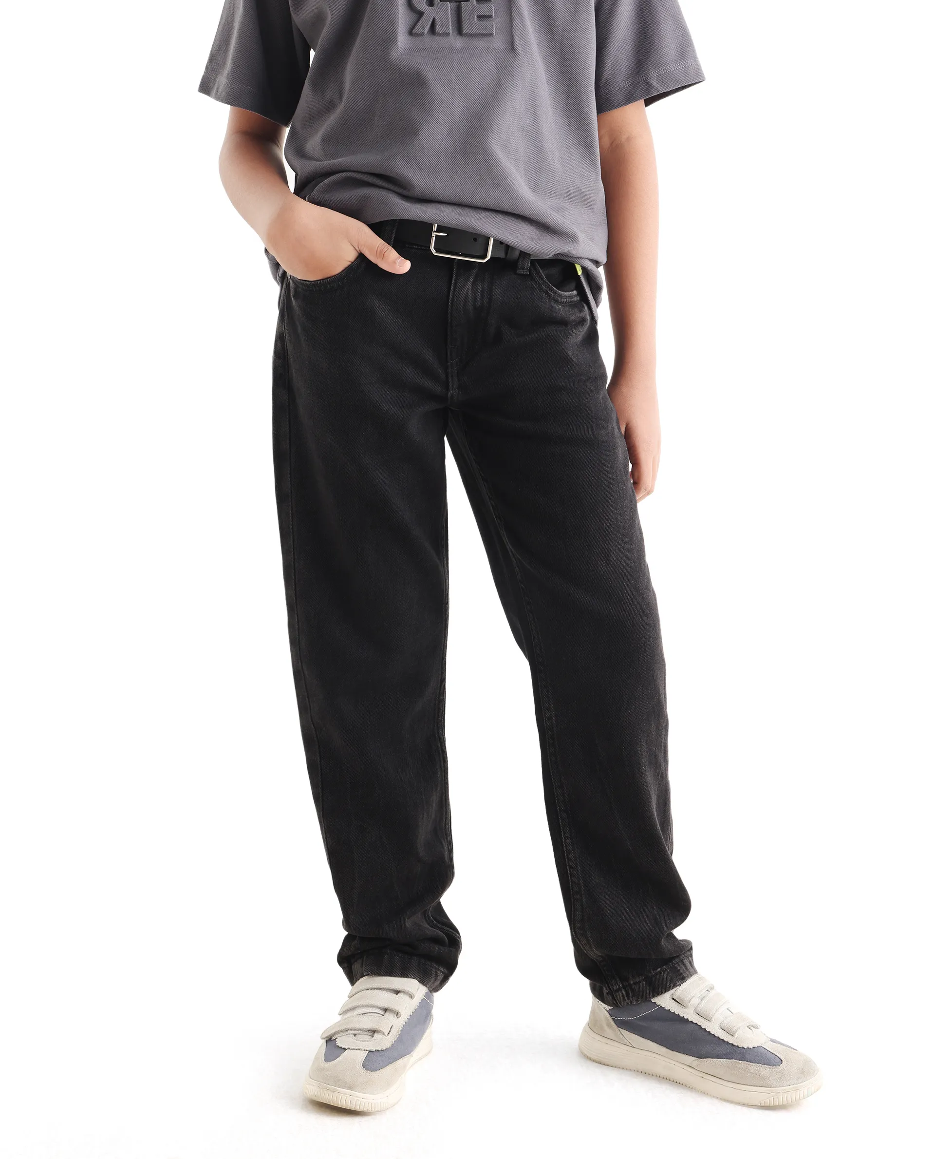 Rare Ones Kids Enim-K Grey Cotton Button Closure Plain Regular Fit Jeans - Image 2