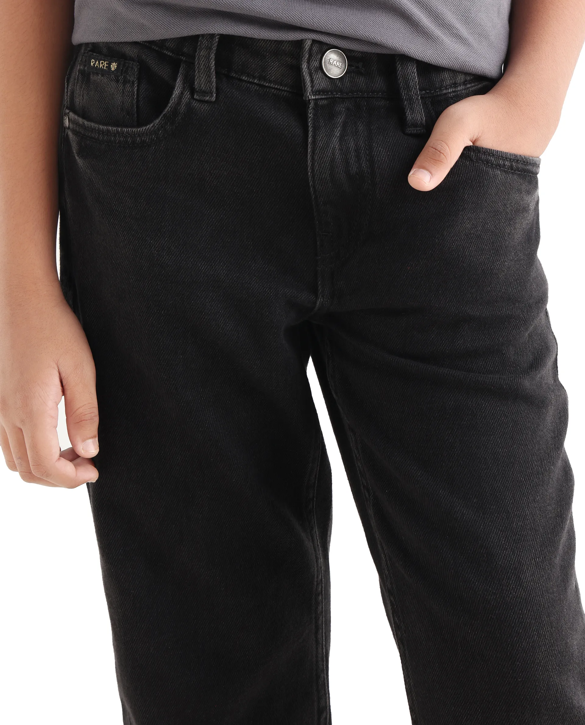 Rare Ones Kids Enim-K Grey Cotton Button Closure Plain Regular Fit Jeans - Image 3