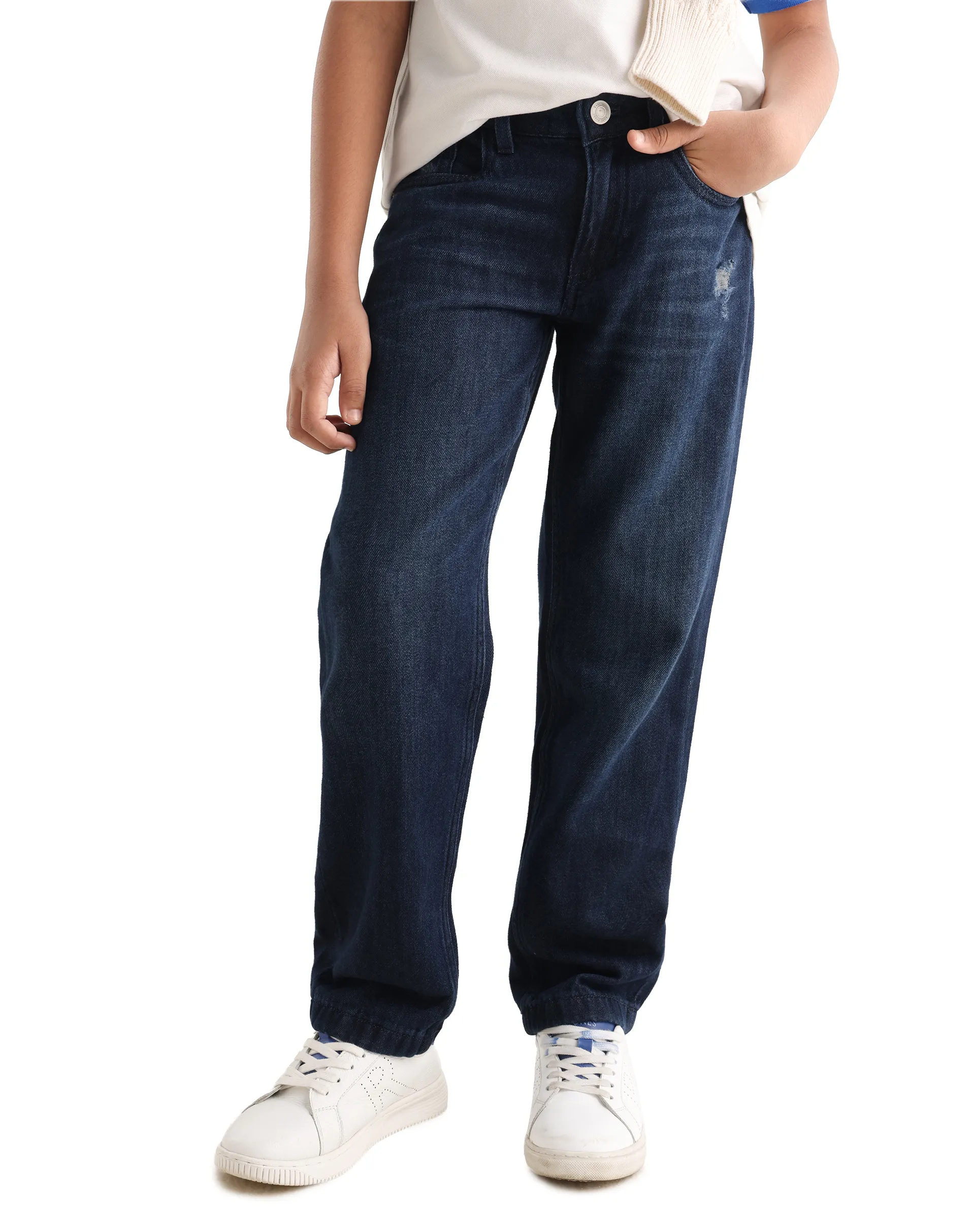 Rare Ones Kids Indi-K Dark Navy Cotton Button And Zip Closure Plain Regular Fit Jeans - Image 2