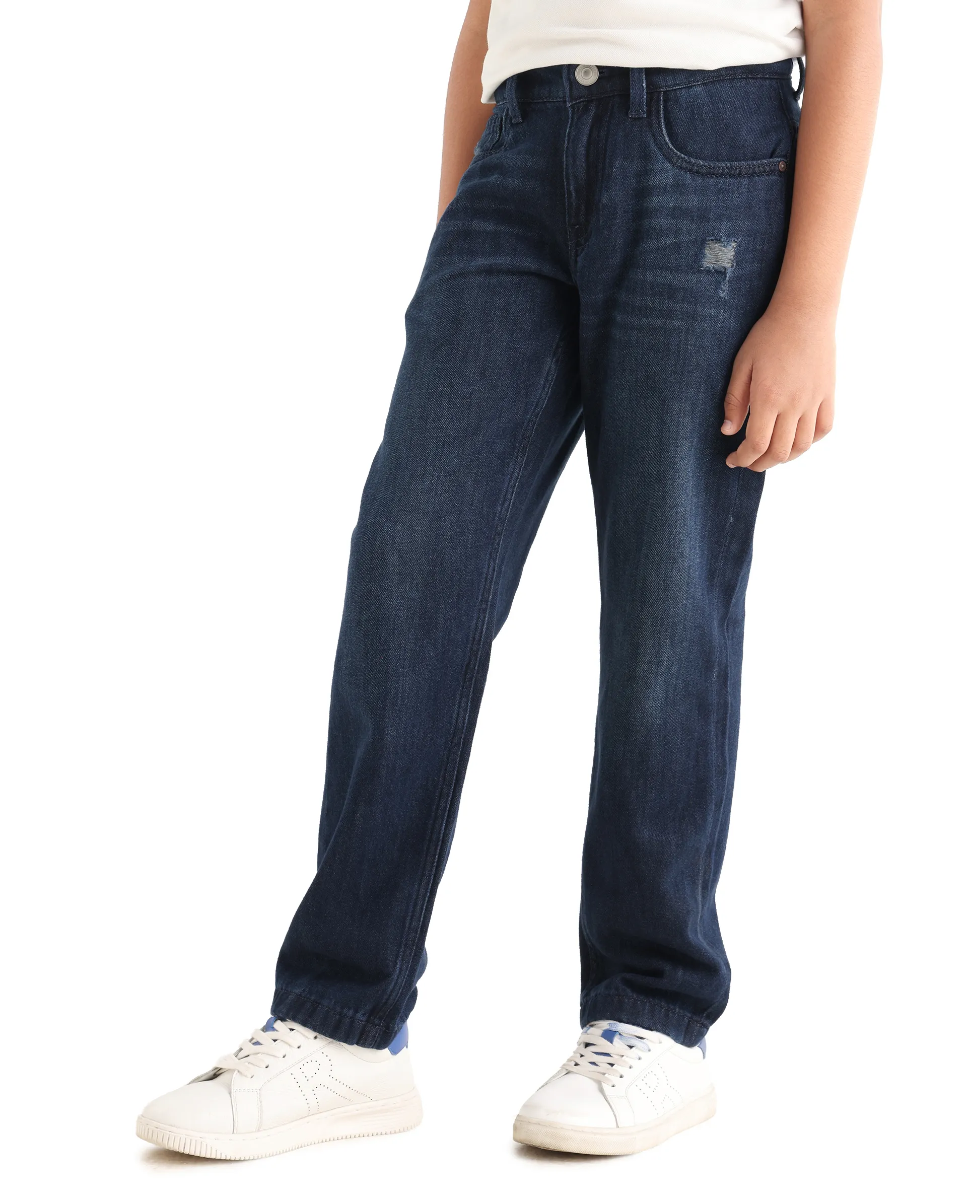 Rare Ones Kids Indi-K Dark Navy Cotton Button And Zip Closure Plain Regular Fit Jeans - Image 5