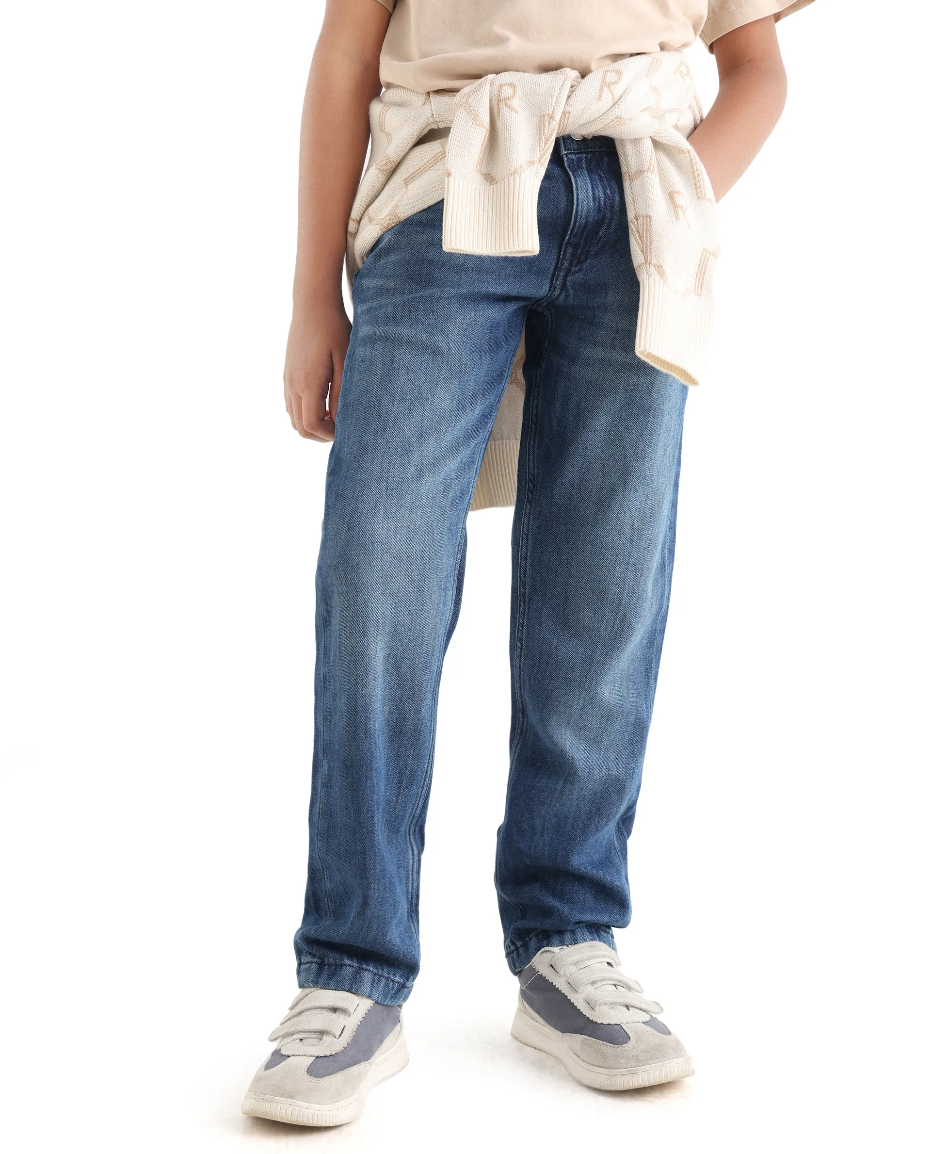 Rare Ones Kids Indi-K Light Navy Cotton Button And Zip Closure Plain Regular Fit Jeans - Image 2