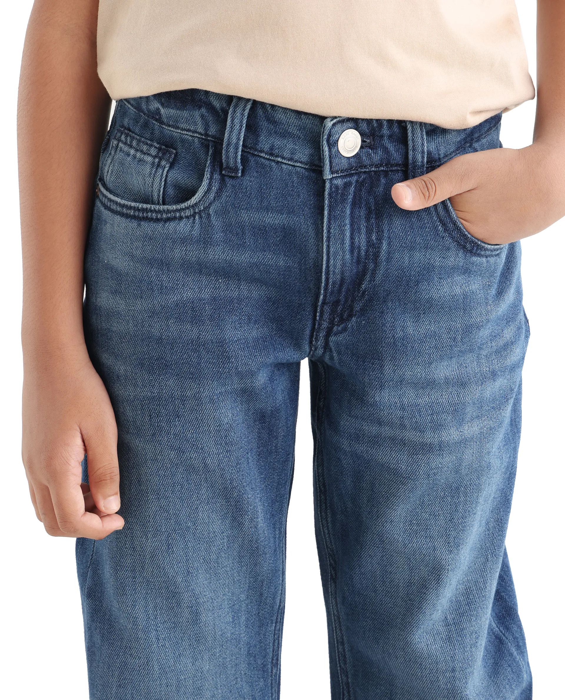 Rare Ones Kids Indi-K Light Navy Cotton Button And Zip Closure Plain Regular Fit Jeans - Image 3