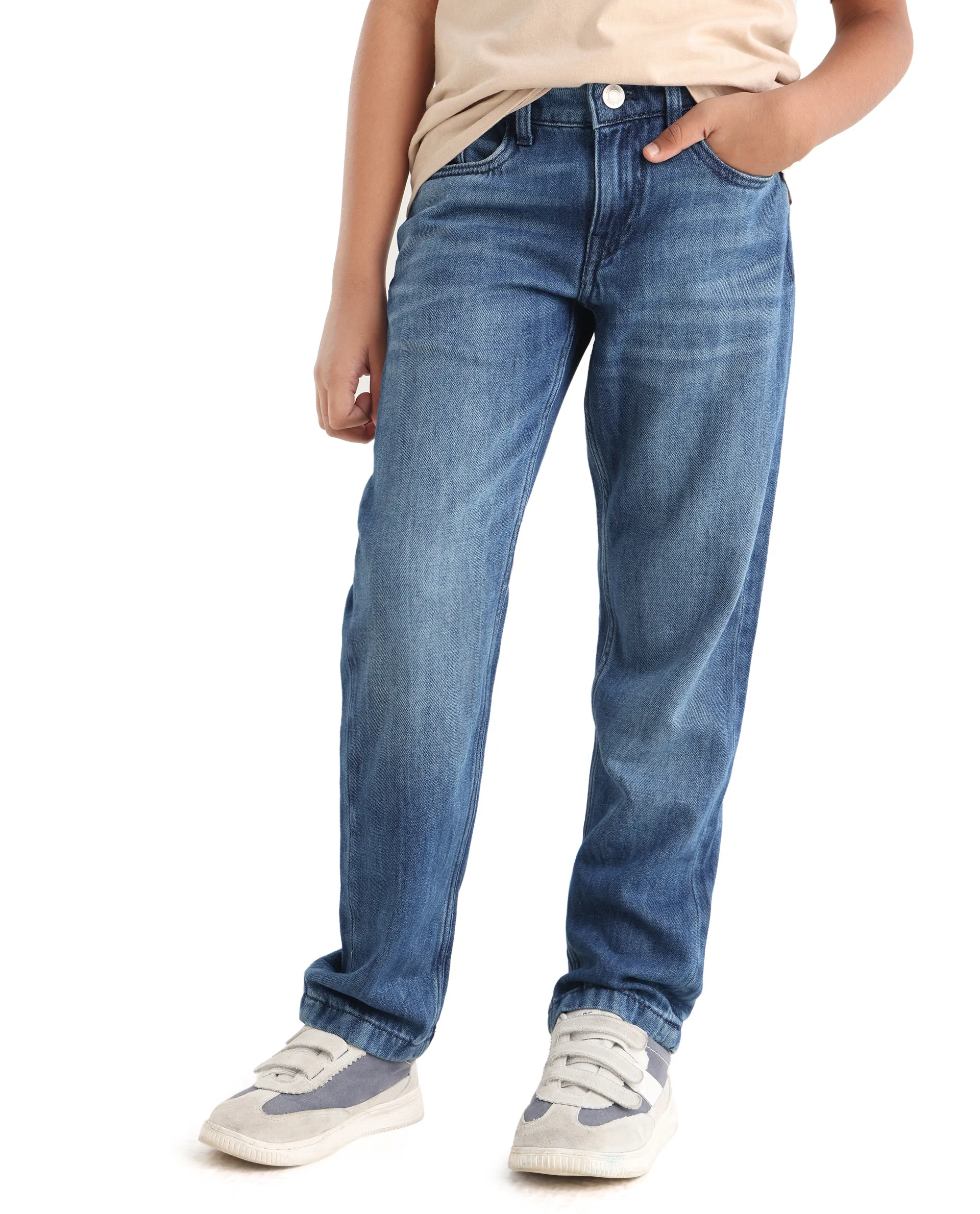Rare Ones Kids Indi-K Light Navy Cotton Button And Zip Closure Plain Regular Fit Jeans - Image 4