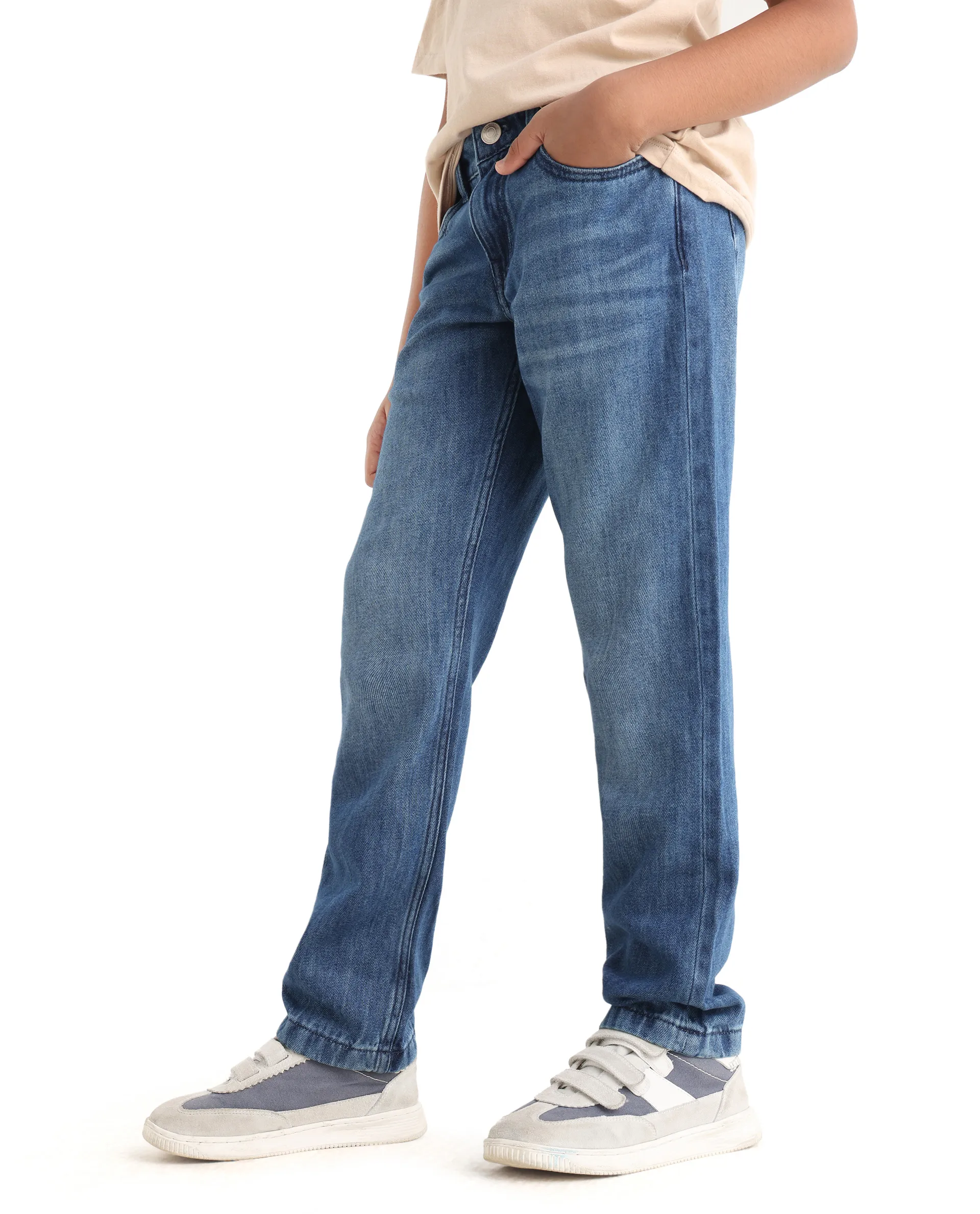 Rare Ones Kids Indi-K Light Navy Cotton Button And Zip Closure Plain Regular Fit Jeans - Image 5
