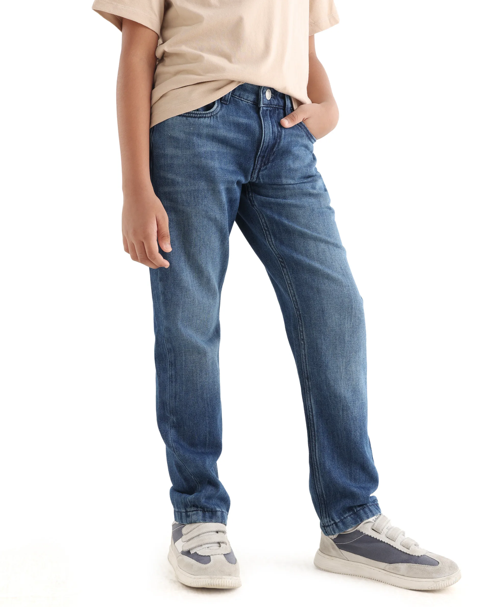 Rare Ones Kids Indi-K Light Navy Cotton Button And Zip Closure Plain Regular Fit Jeans - Image 6