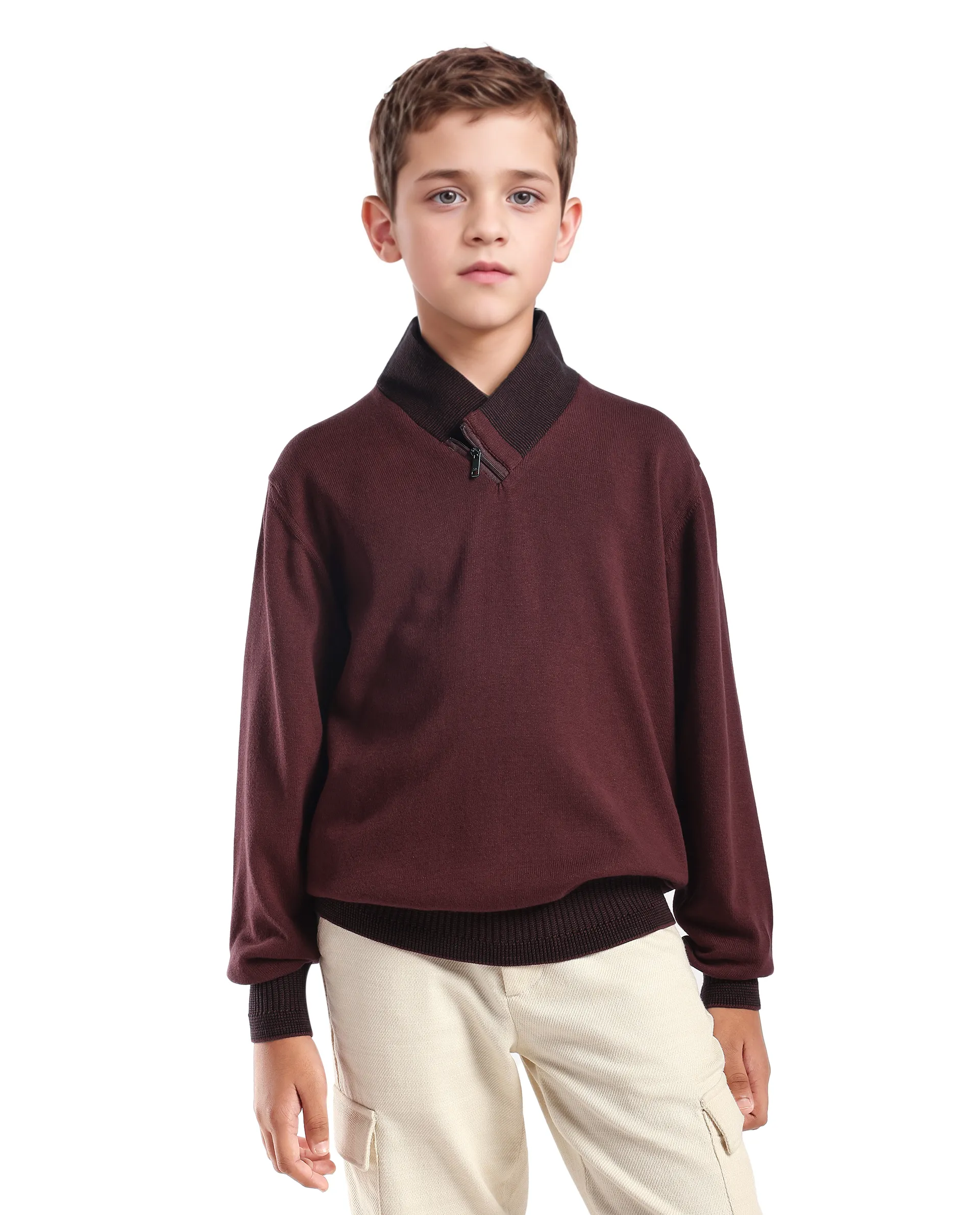 Rare Ones Kids Denv-25 Dark Maroon Cotton Solid Zipper Closure Regular Fit Sweater - Image 4