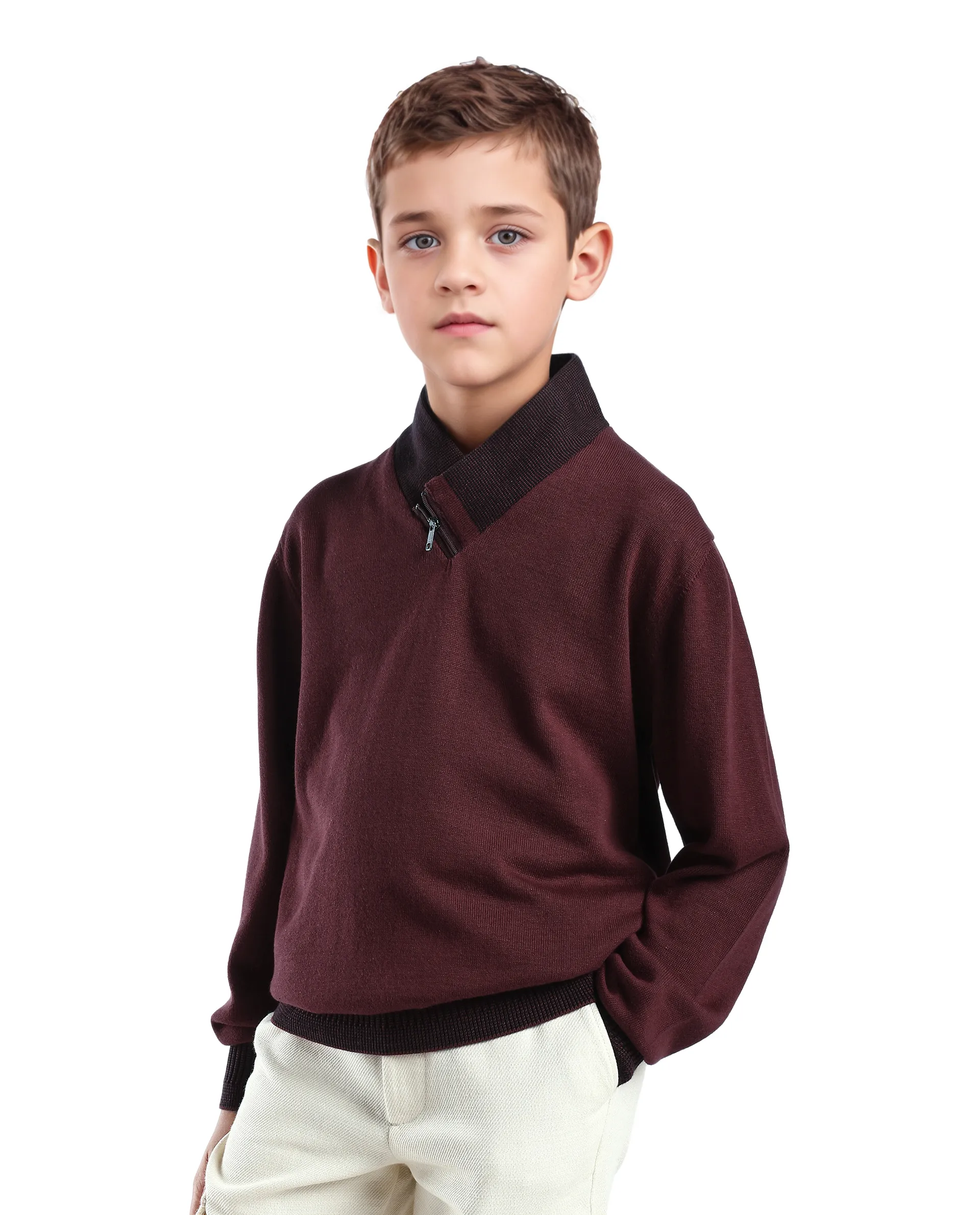 Rare Ones Kids Denv-25 Dark Maroon Cotton Solid Zipper Closure Regular Fit Sweater - Image 6