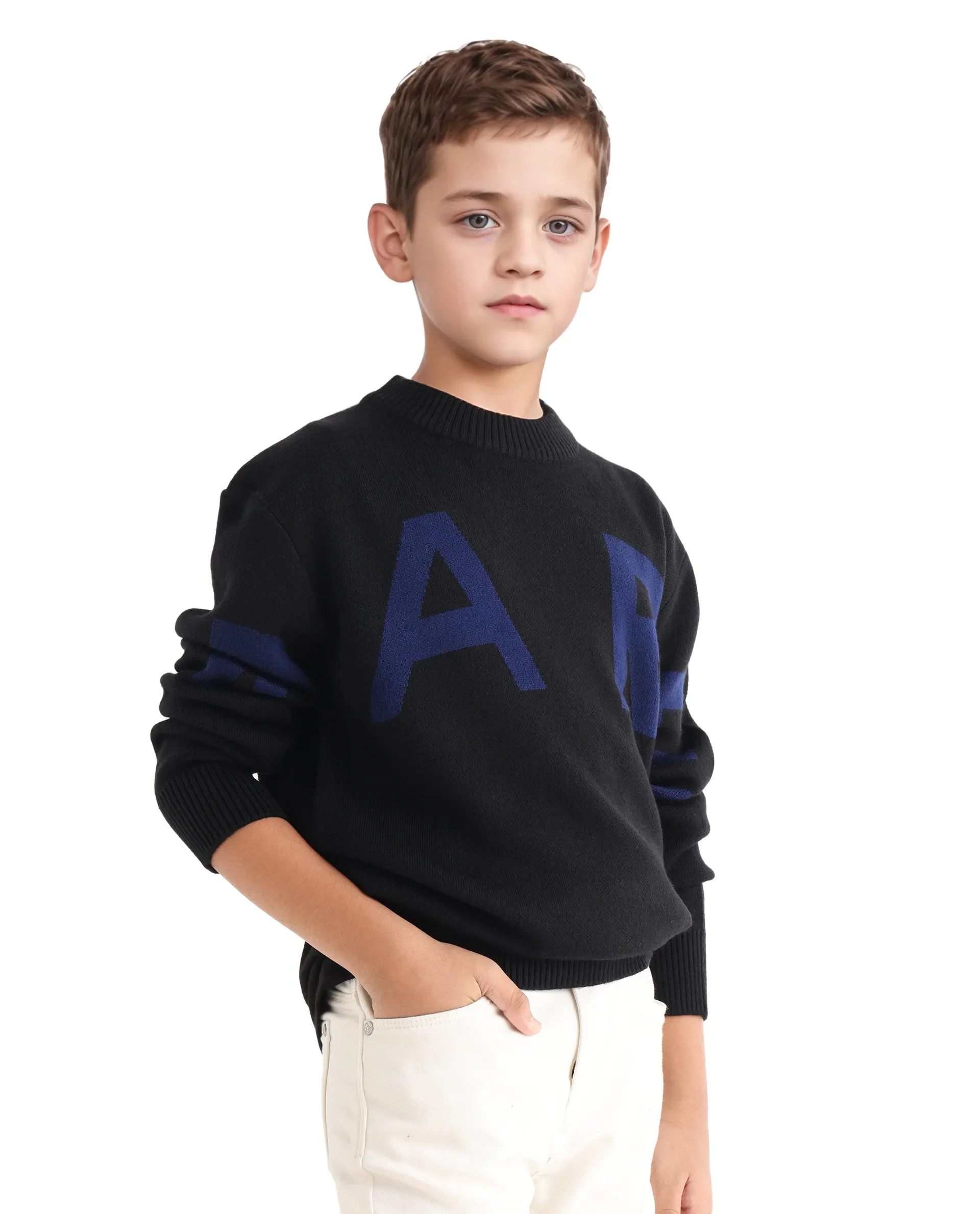 Rare Ones Kids Emyr-K Black Acrylic Blend Slip-On Closure Typography Regular Fit Sweater - Image 7