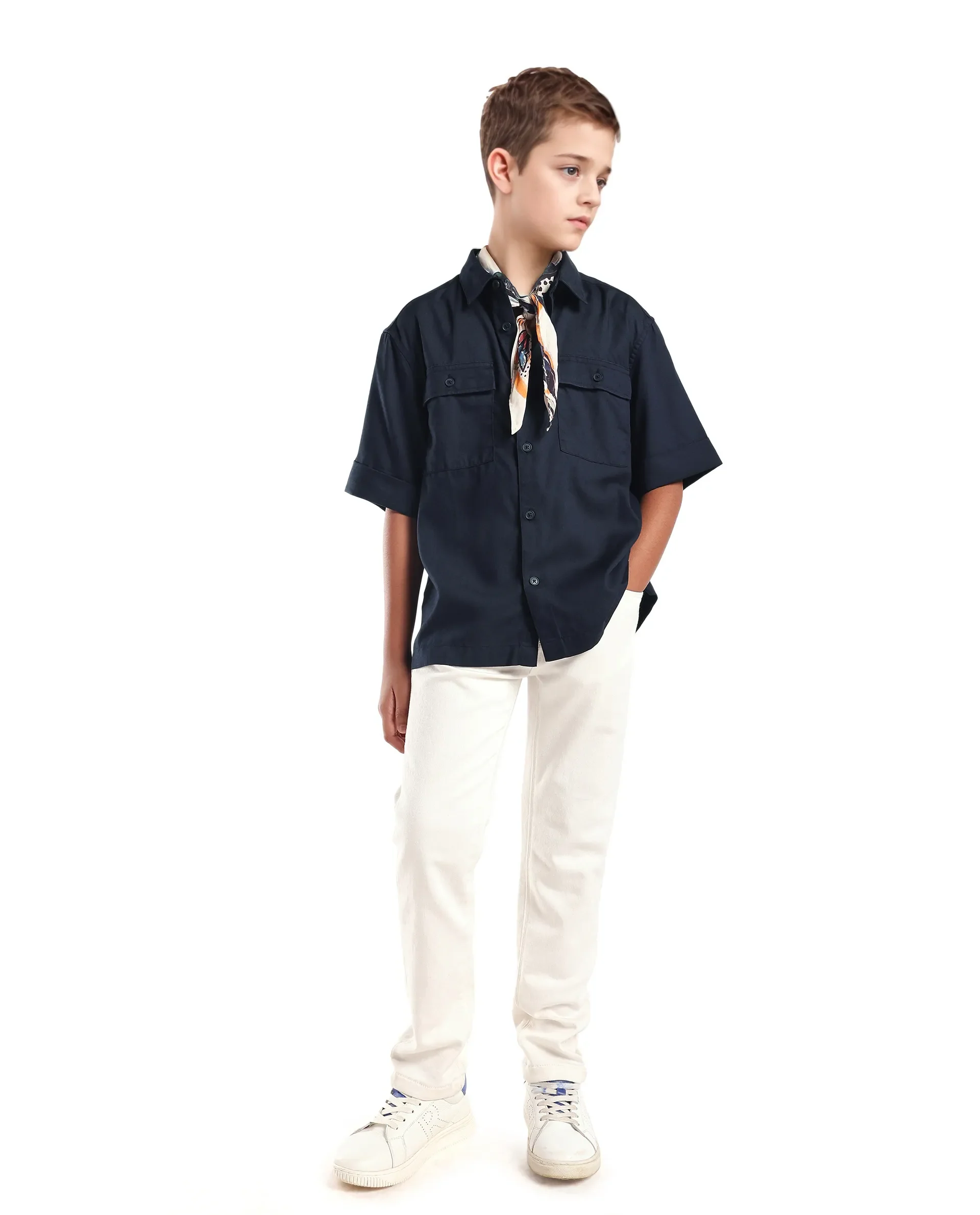 Rare Ones Kids Glin-S Navy Polyester Blend Solid Button Closure Boxy Fit Shirt - Image 2
