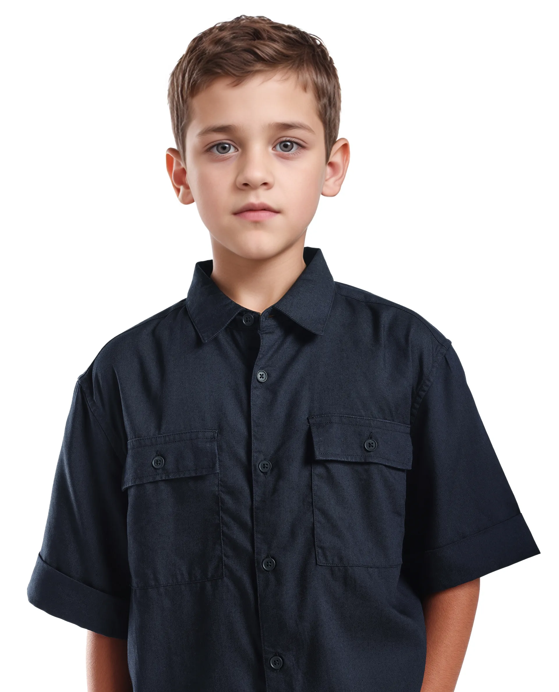 Rare Ones Kids Glin-S Navy Polyester Blend Solid Button Closure Boxy Fit Shirt - Image 3