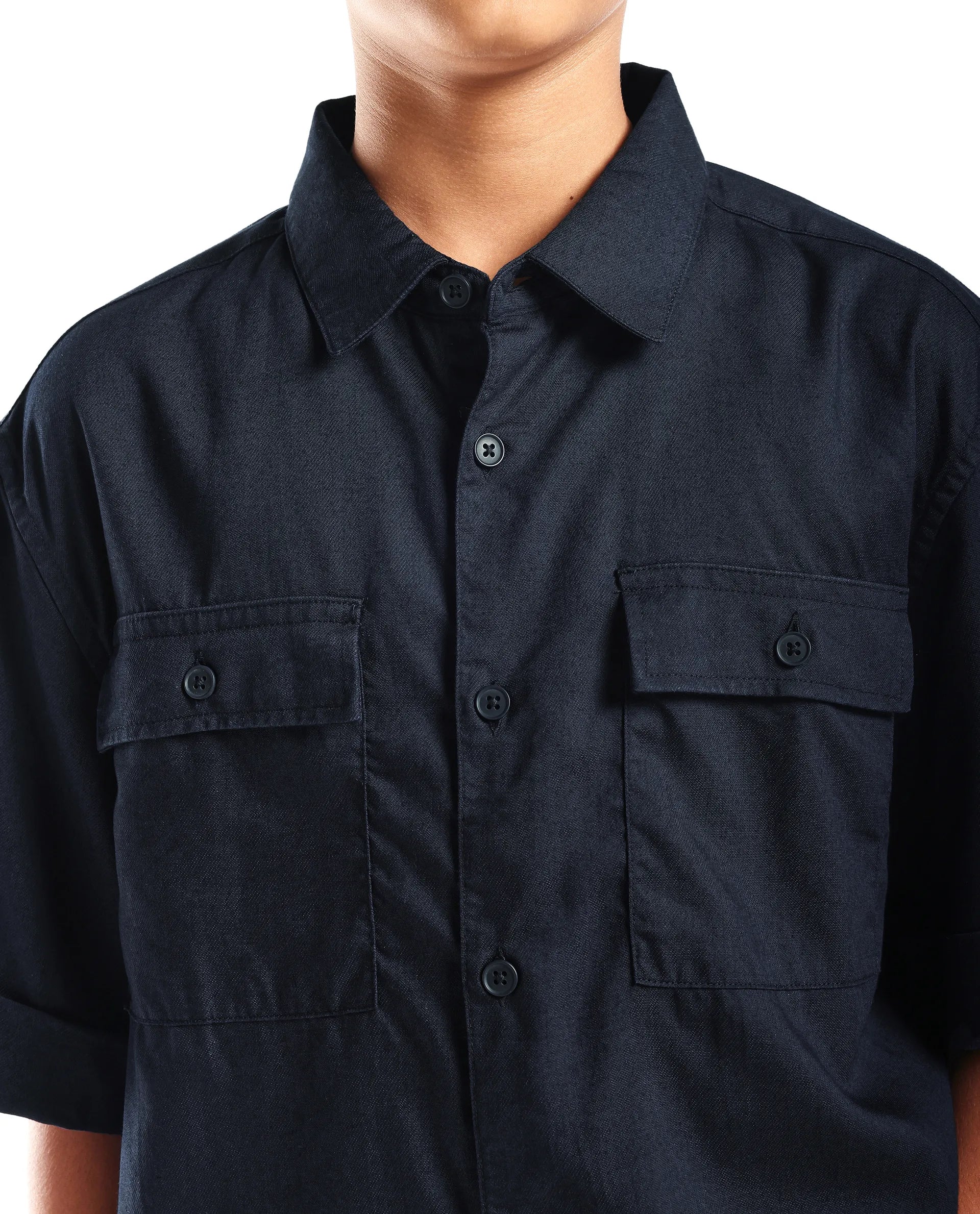 Rare Ones Kids Glin-S Navy Polyester Blend Solid Button Closure Boxy Fit Shirt - Image 4