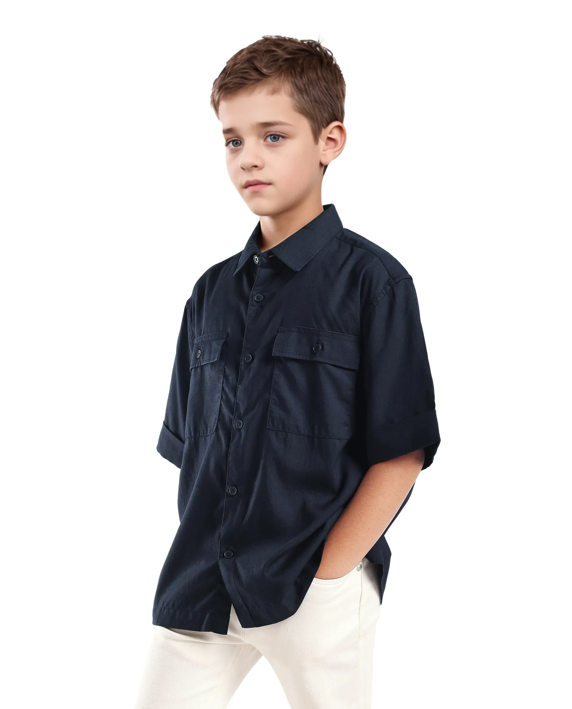 Rare Ones Kids Glin-S Navy Polyester Blend Solid Button Closure Boxy Fit Shirt - Image 6