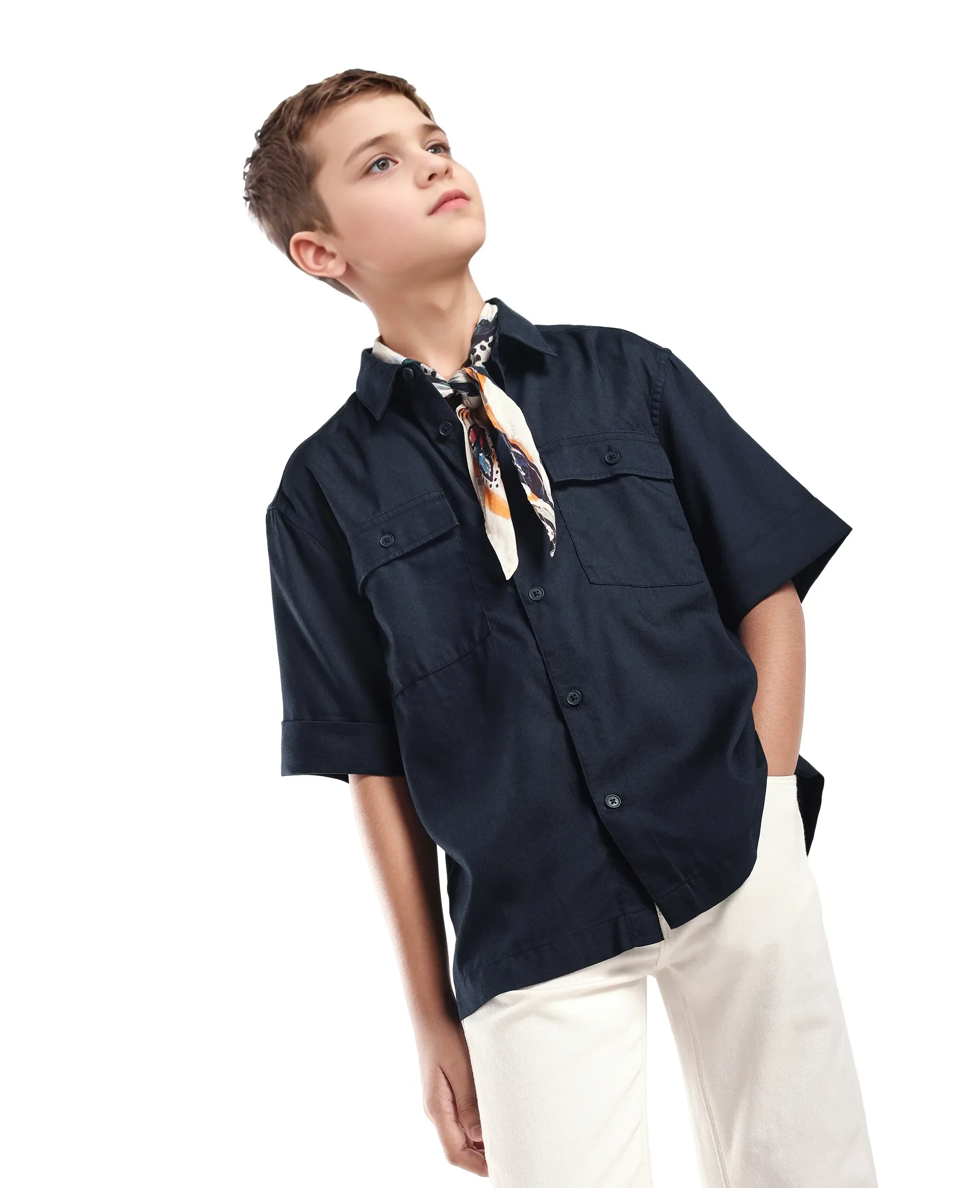 Rare Ones Kids Glin-S Navy Polyester Blend Solid Button Closure Boxy Fit Shirt - Image 7