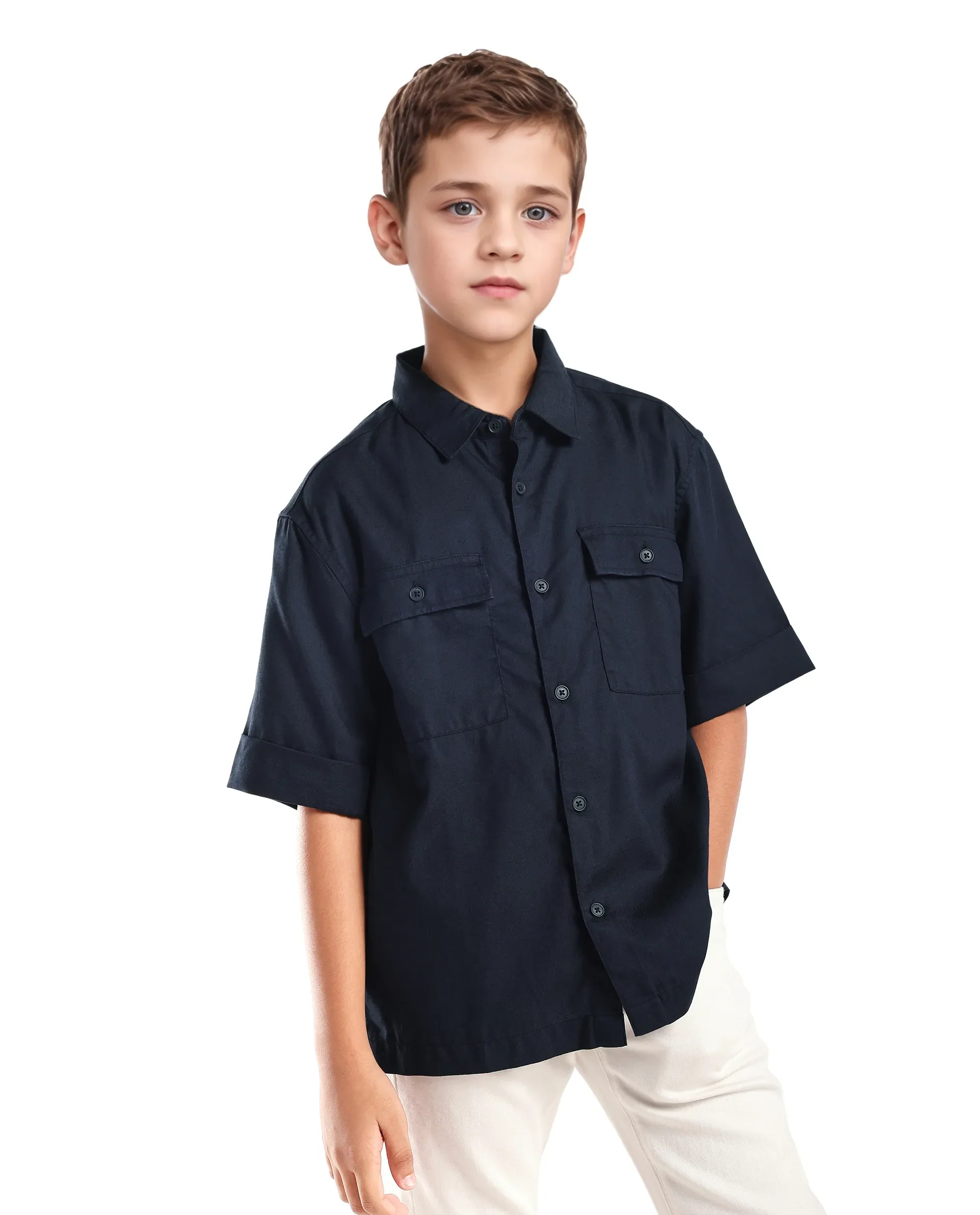 Rare Ones Kids Glin-S Navy Polyester Blend Solid Button Closure Boxy Fit Shirt - Image 8