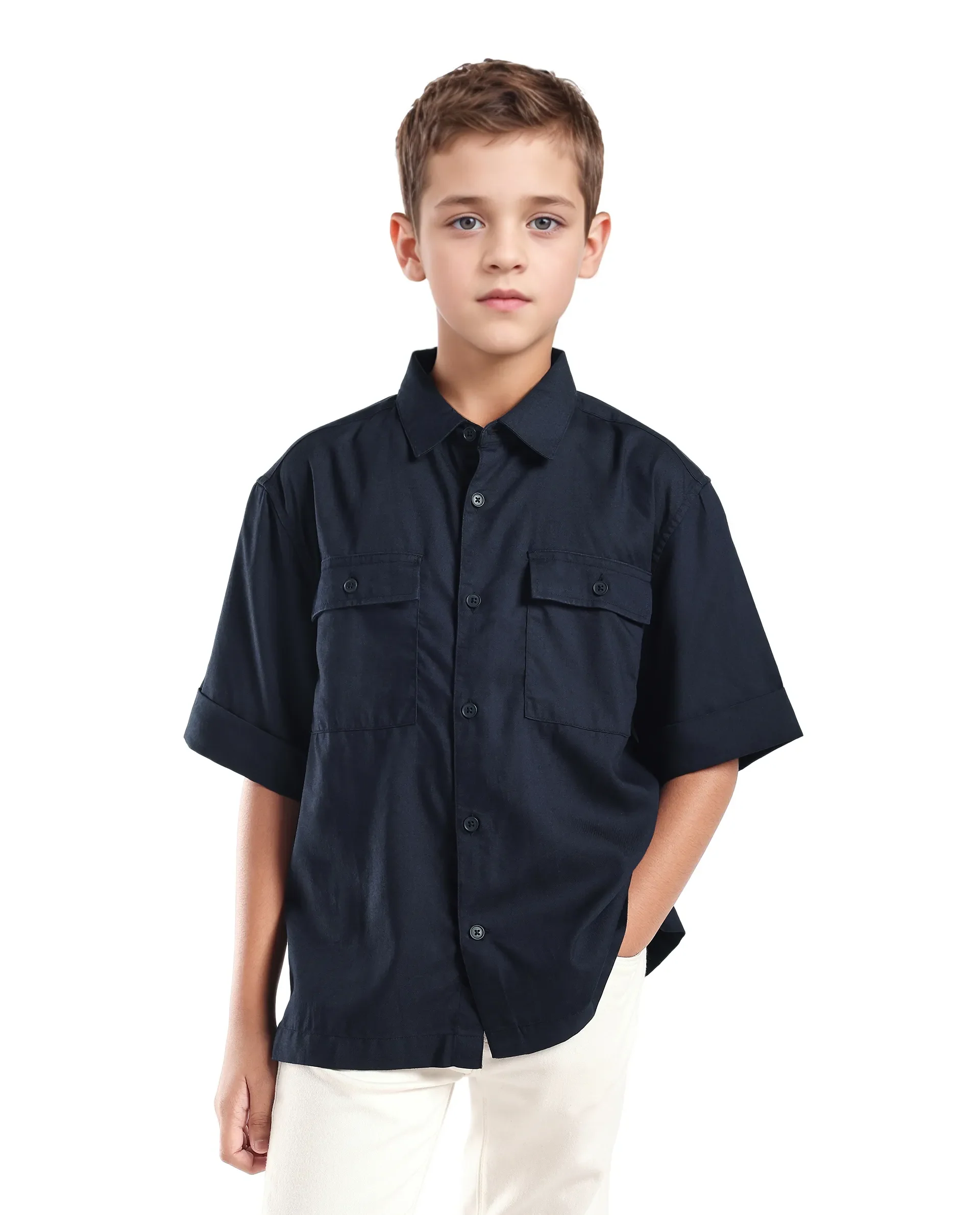 Rare Ones Kids Glin-S Navy Polyester Blend Solid Button Closure Boxy Fit Shirt - Image 9