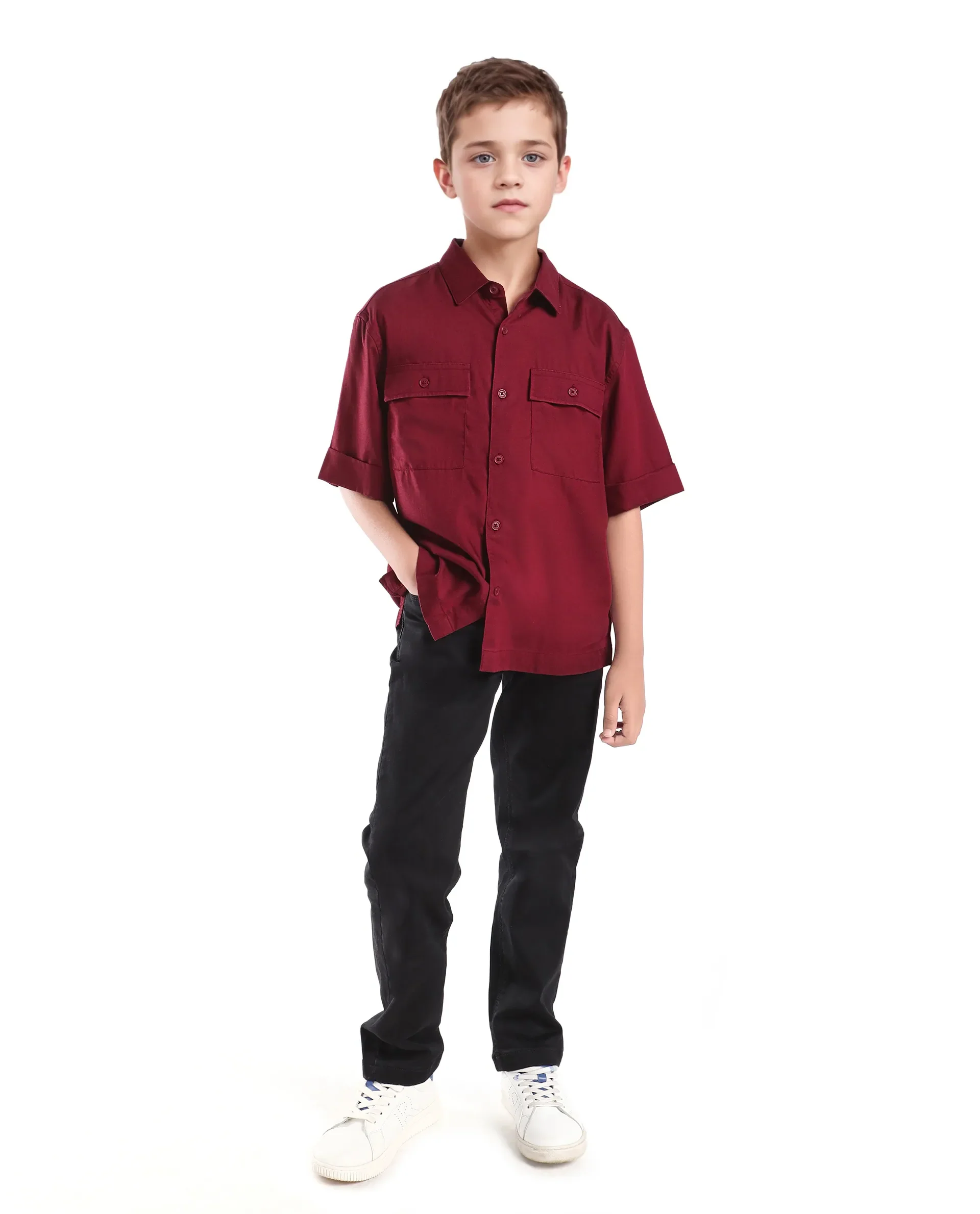 Rare Ones Kids Glin-S Red Polyester Blend Solid Button Closure Boxy Fit Shirt - Image 2