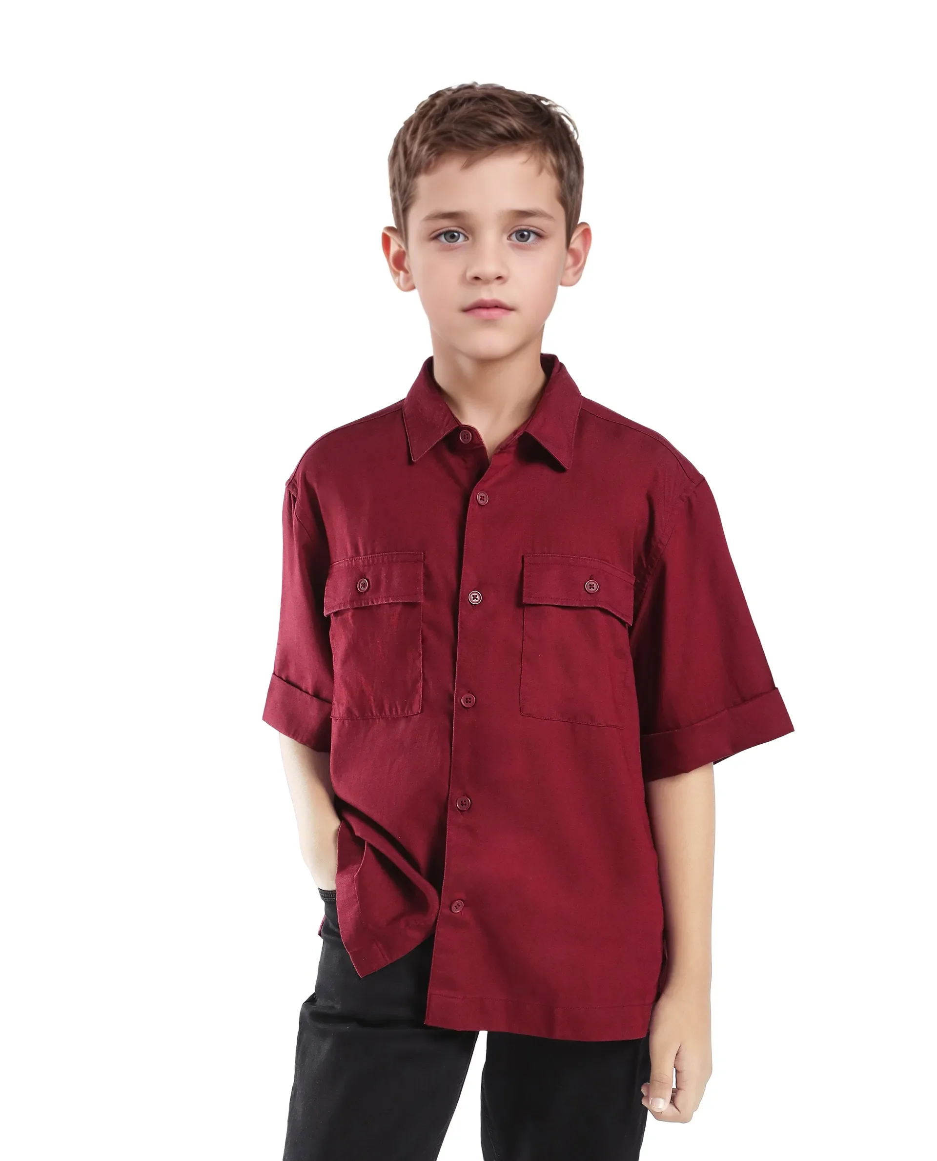 Rare Ones Kids Glin-S Red Polyester Blend Solid Button Closure Boxy Fit Shirt - Image 3