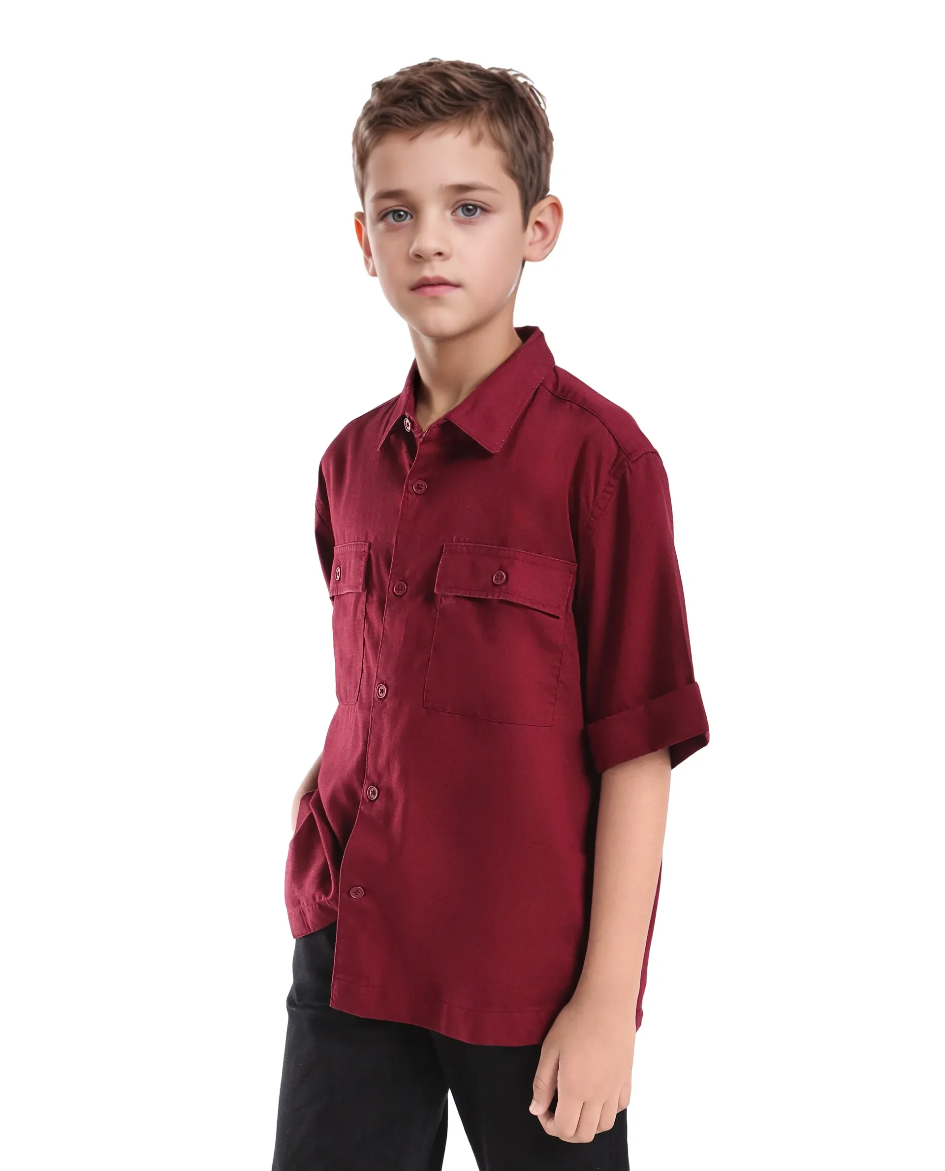 Rare Ones Kids Glin-S Red Polyester Blend Solid Button Closure Boxy Fit Shirt - Image 6