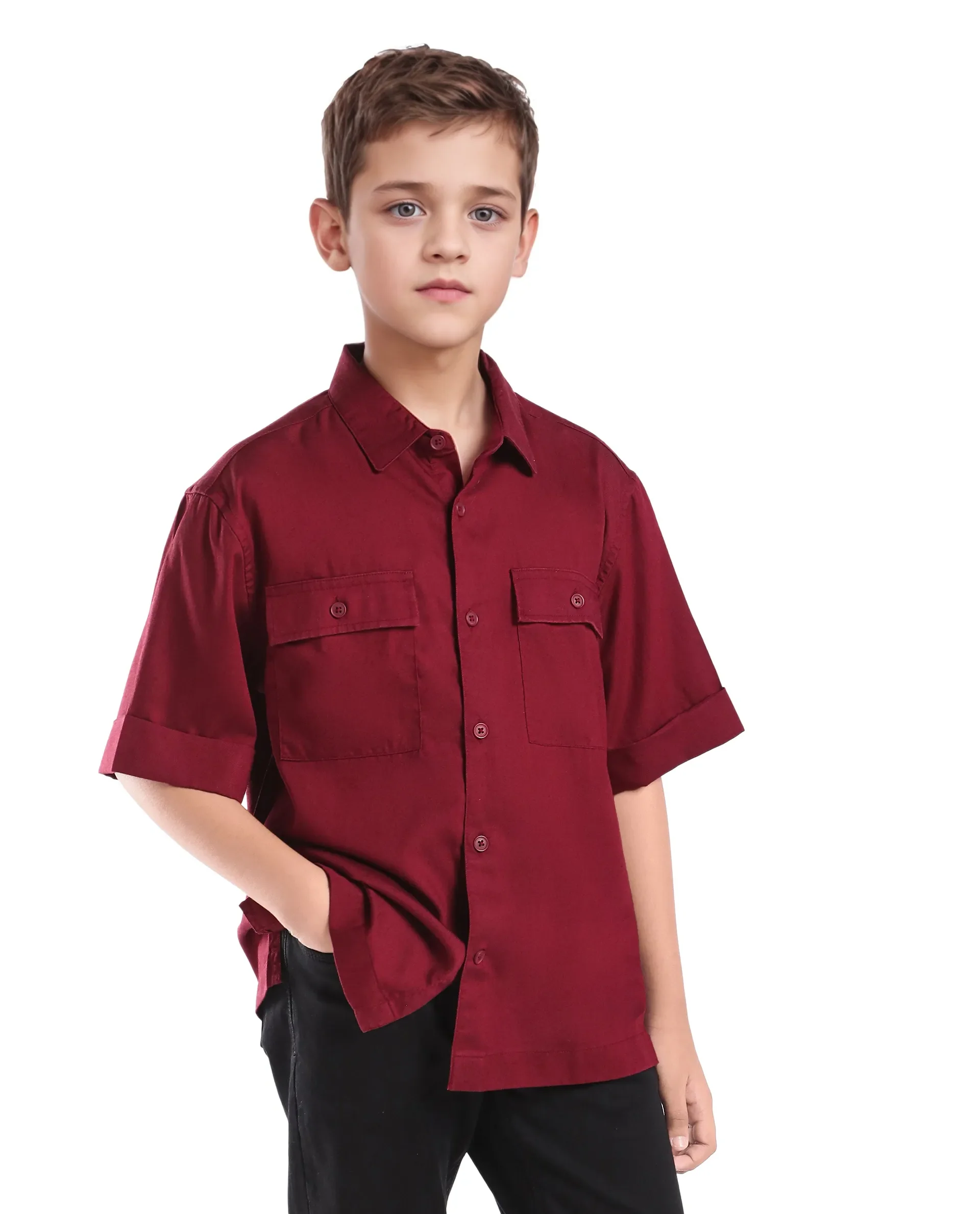 Rare Ones Kids Glin-S Red Polyester Blend Solid Button Closure Boxy Fit Shirt - Image 7
