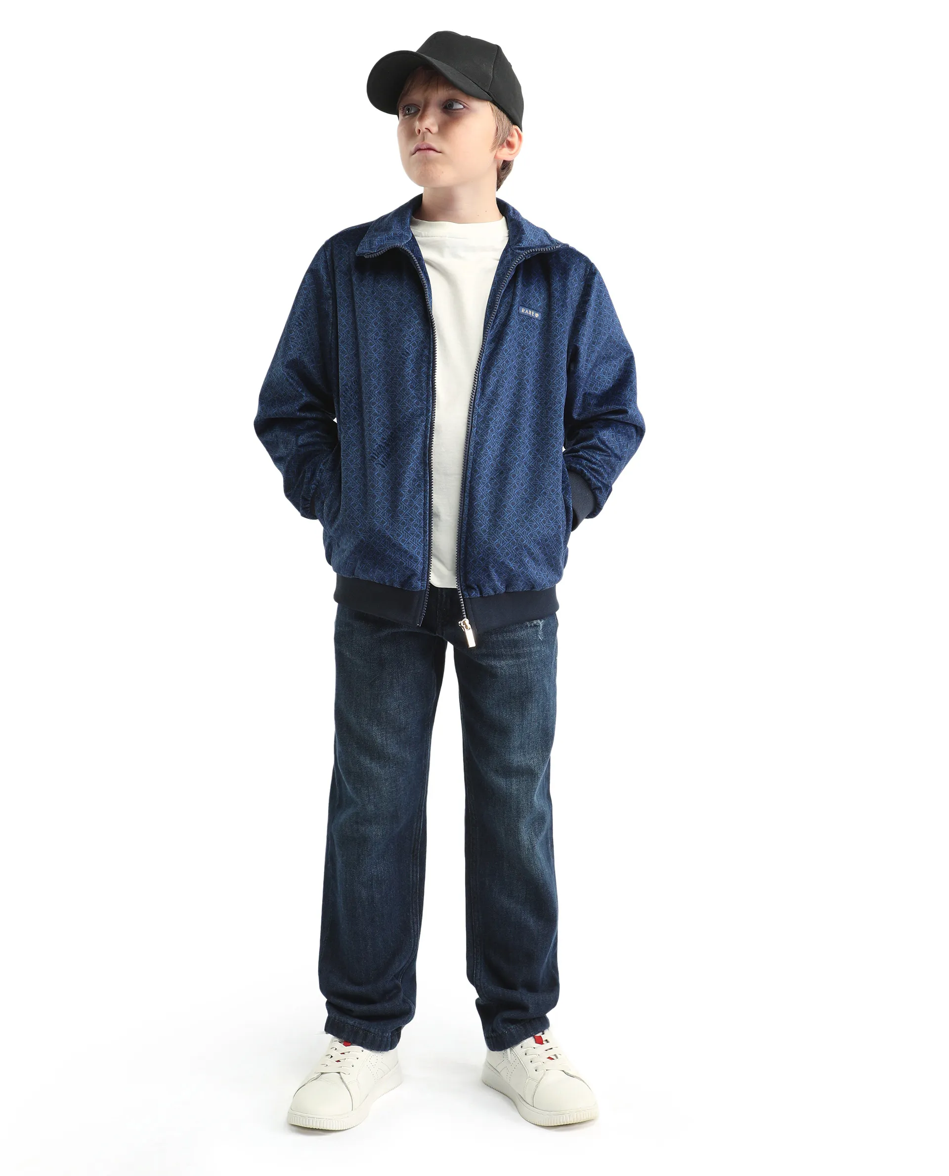 Rare Ones Kids Adi Dark Blue Polyester Zipper Closure Flat Collar Printed Full Sleeves Slim Fit Jacket - Image 2