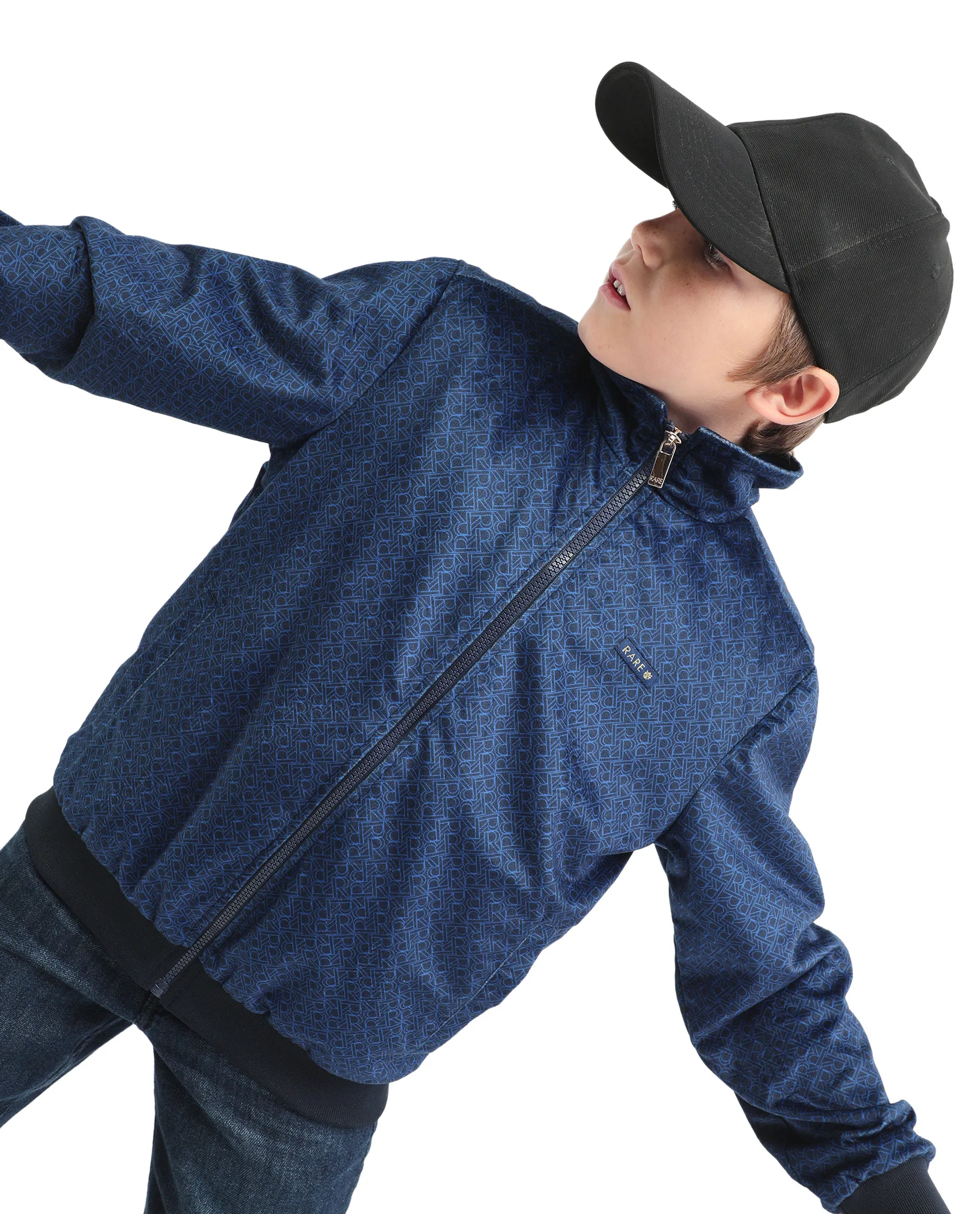 Rare Ones Kids Adi Dark Blue Polyester Zipper Closure Flat Collar Printed Full Sleeves Slim Fit Jacket - Image 3