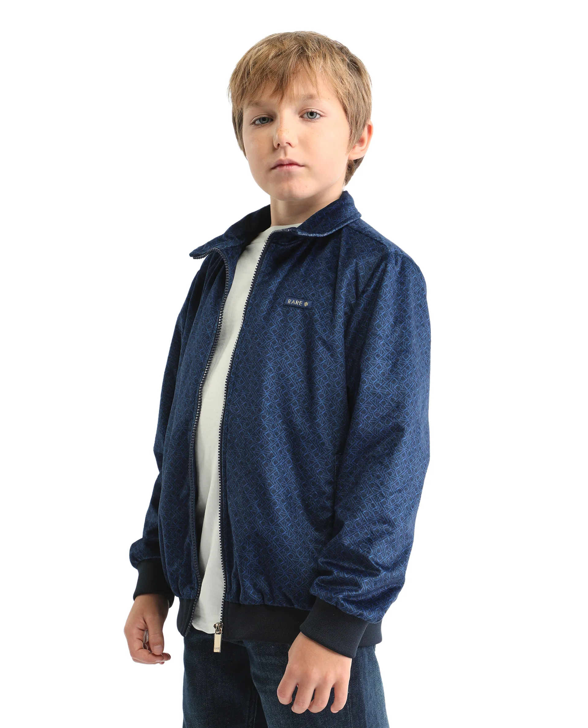Rare Ones Kids Adi Dark Blue Polyester Zipper Closure Flat Collar Printed Full Sleeves Slim Fit Jacket - Image 5