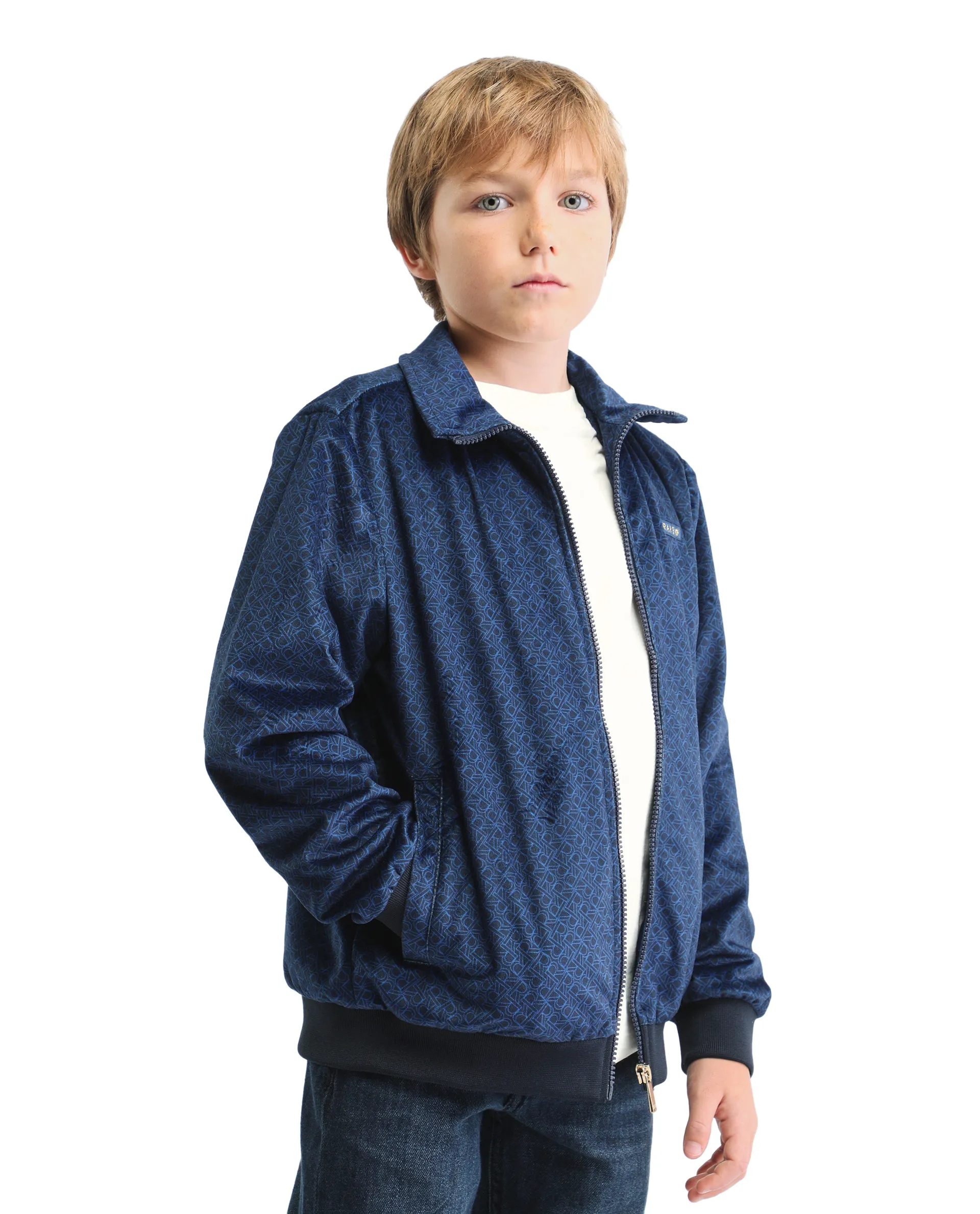 Rare Ones Kids Adi Dark Blue Polyester Zipper Closure Flat Collar Printed Full Sleeves Slim Fit Jacket - Image 6