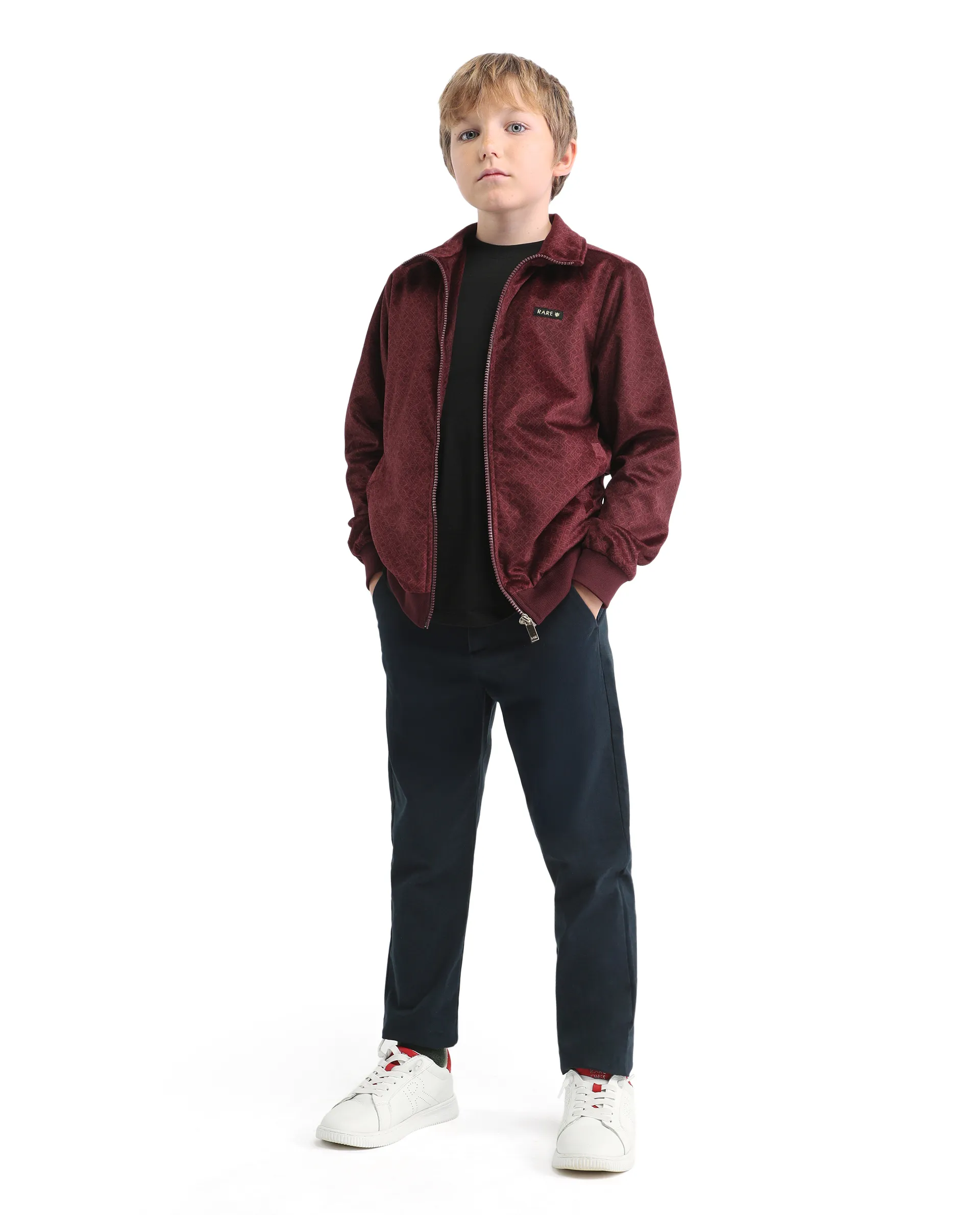 Rare Ones Kids Adi Maroon Polyester Zipper Closure Flat Collar Monogram Printed Full Sleeves Slim Fit Jacket - Image 2