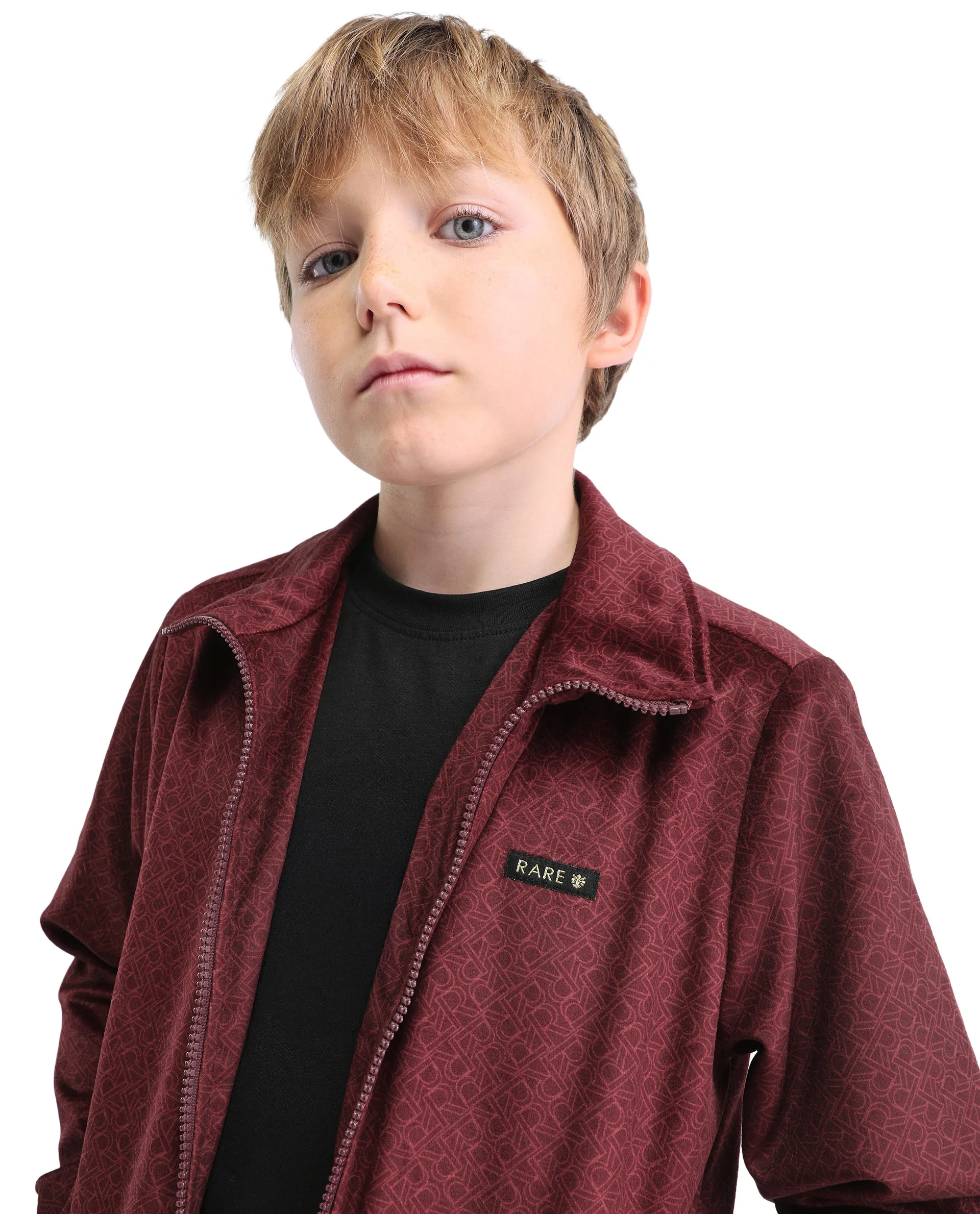 Rare Ones Kids Adi Maroon Polyester Zipper Closure Flat Collar Monogram Printed Full Sleeves Slim Fit Jacket - Image 3