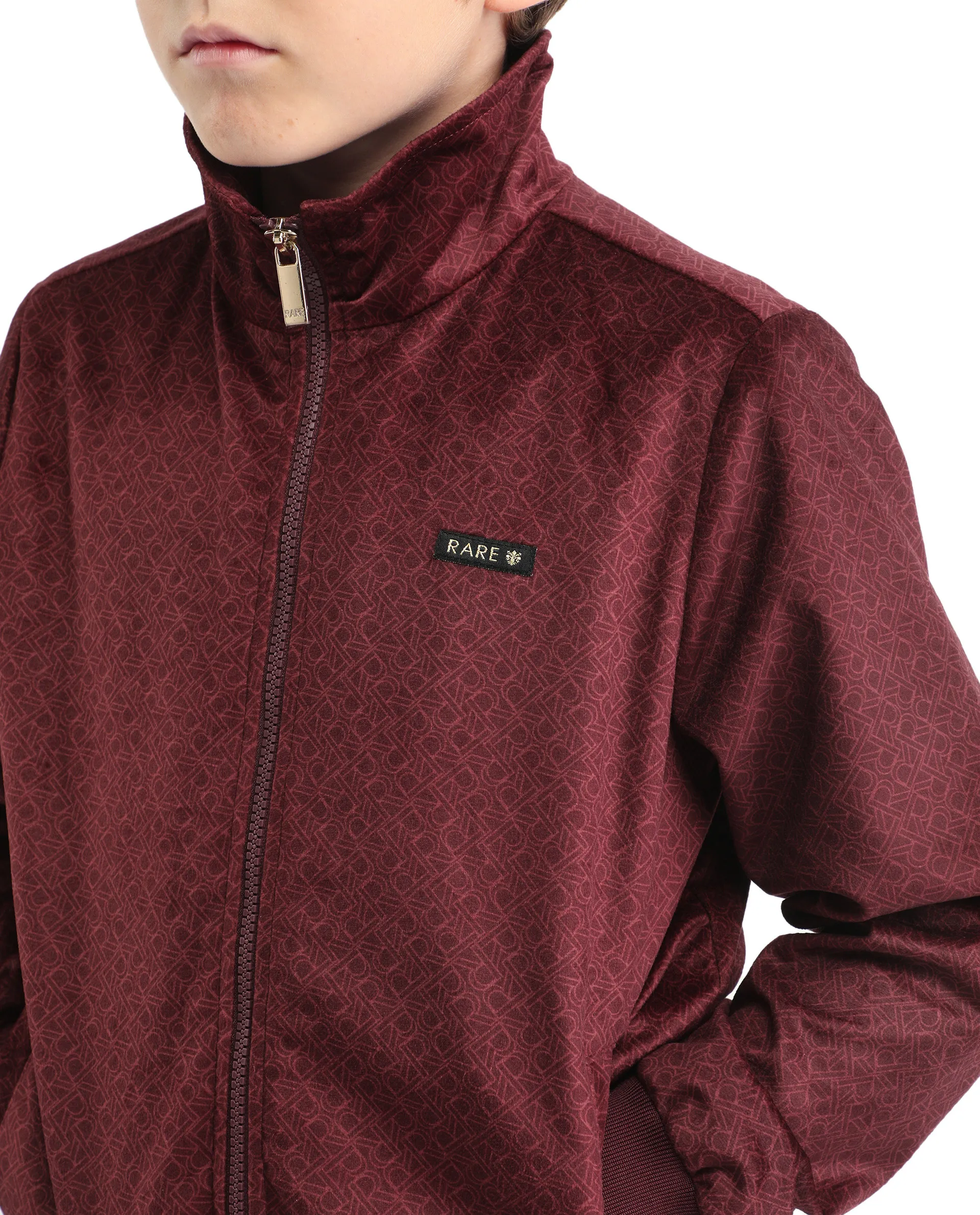Rare Ones Kids Adi Maroon Polyester Zipper Closure Flat Collar Monogram Printed Full Sleeves Slim Fit Jacket - Image 4