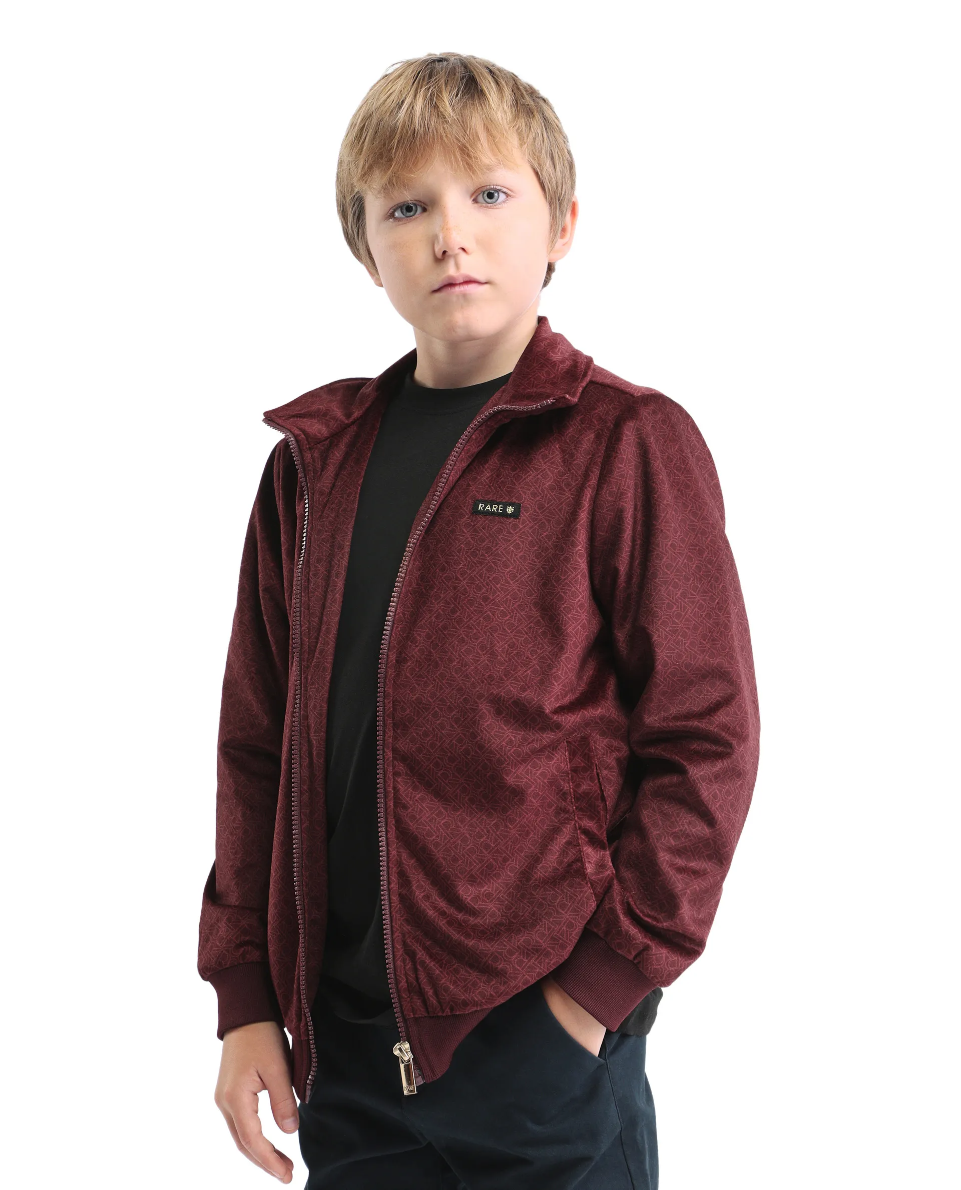 Rare Ones Kids Adi Maroon Polyester Zipper Closure Flat Collar Monogram Printed Full Sleeves Slim Fit Jacket - Image 5