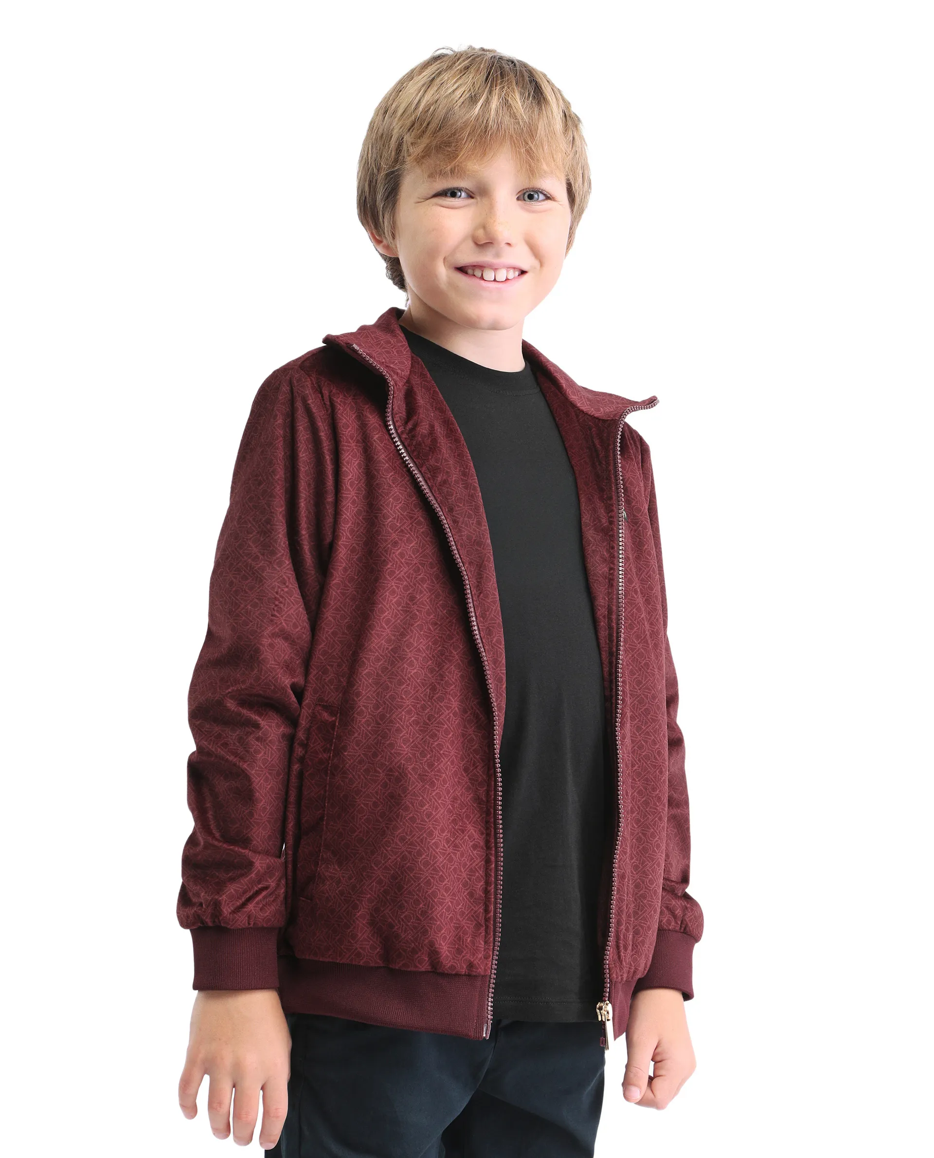 Rare Ones Kids Adi Maroon Polyester Zipper Closure Flat Collar Monogram Printed Full Sleeves Slim Fit Jacket - Image 6