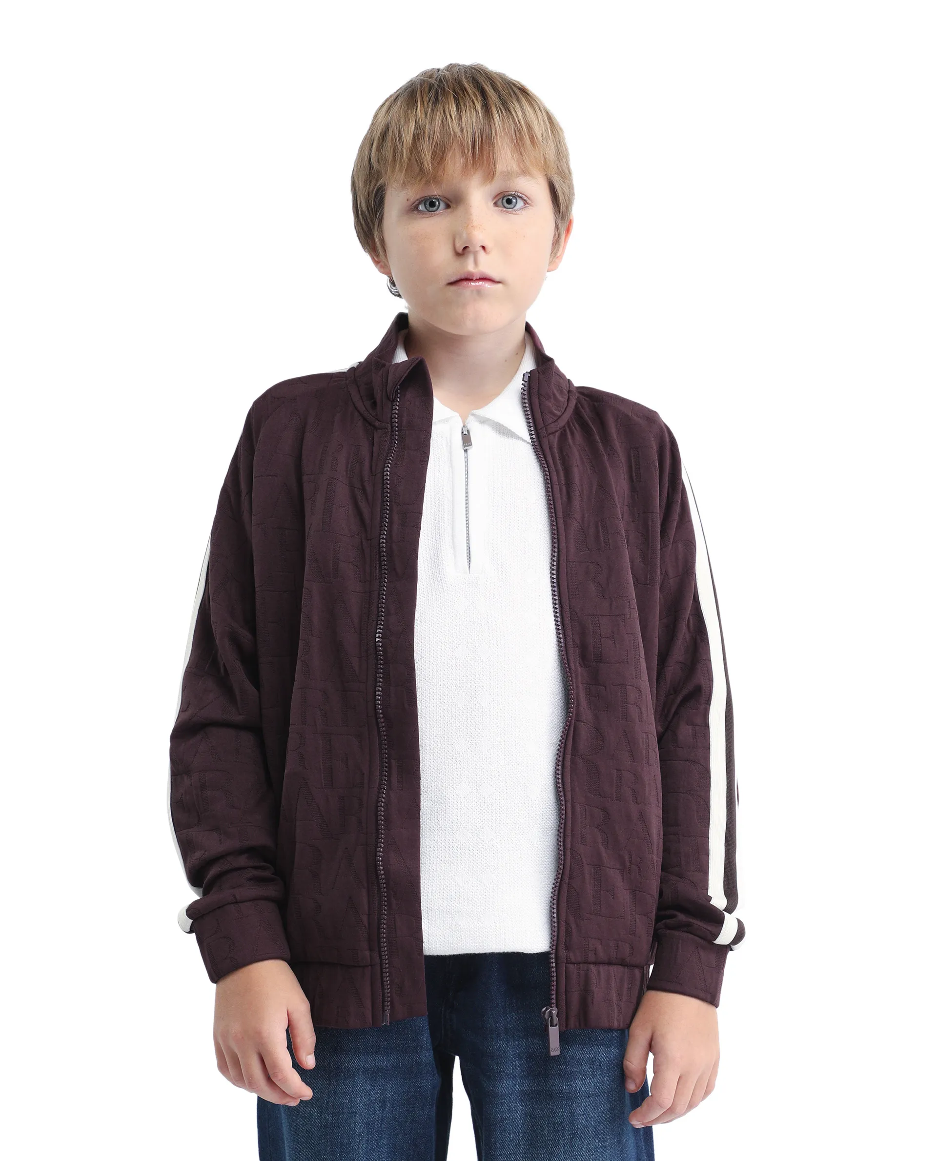 Rare Ones Kids Amni Brown Polyester Blend Zipper Closure High Neck Jacquard Full Sleeves Regular Fit Jacket - Image 2
