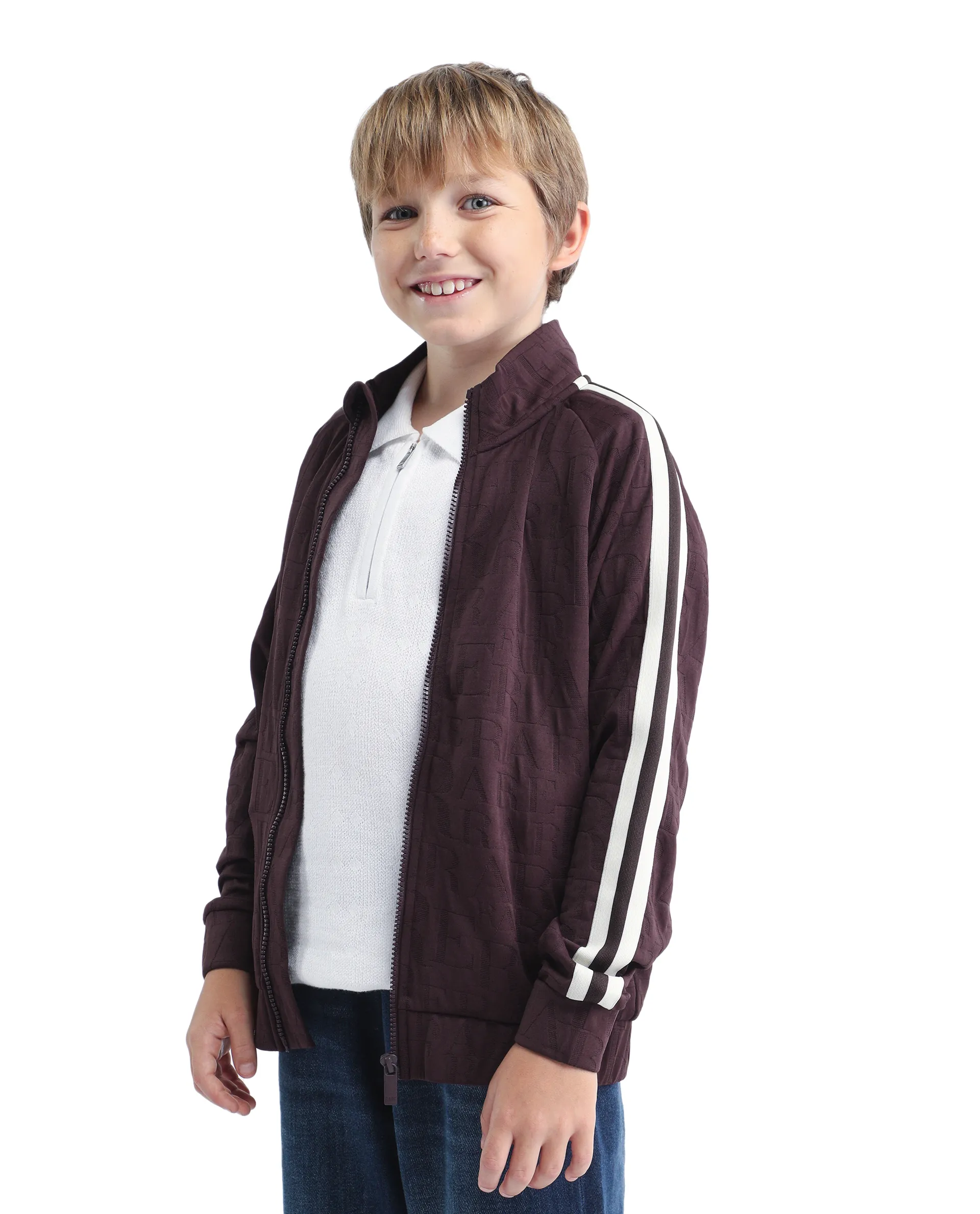 Rare Ones Kids Amni Brown Polyester Blend Zipper Closure High Neck Jacquard Full Sleeves Regular Fit Jacket - Image 4