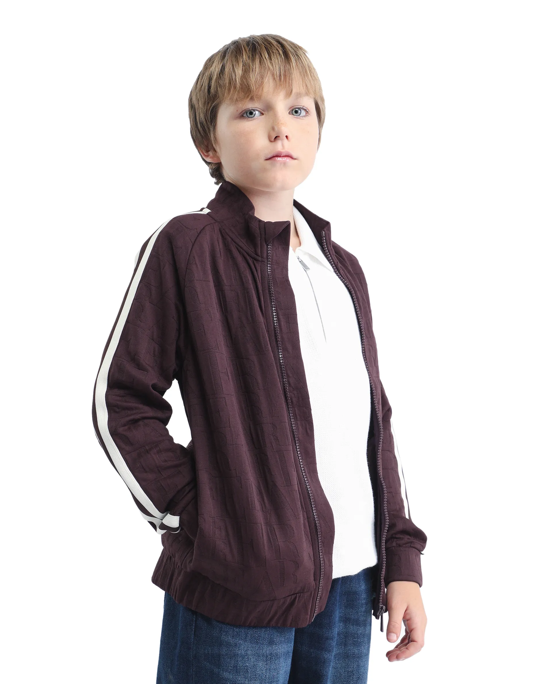 Rare Ones Kids Amni Brown Polyester Blend Zipper Closure High Neck Jacquard Full Sleeves Regular Fit Jacket - Image 5