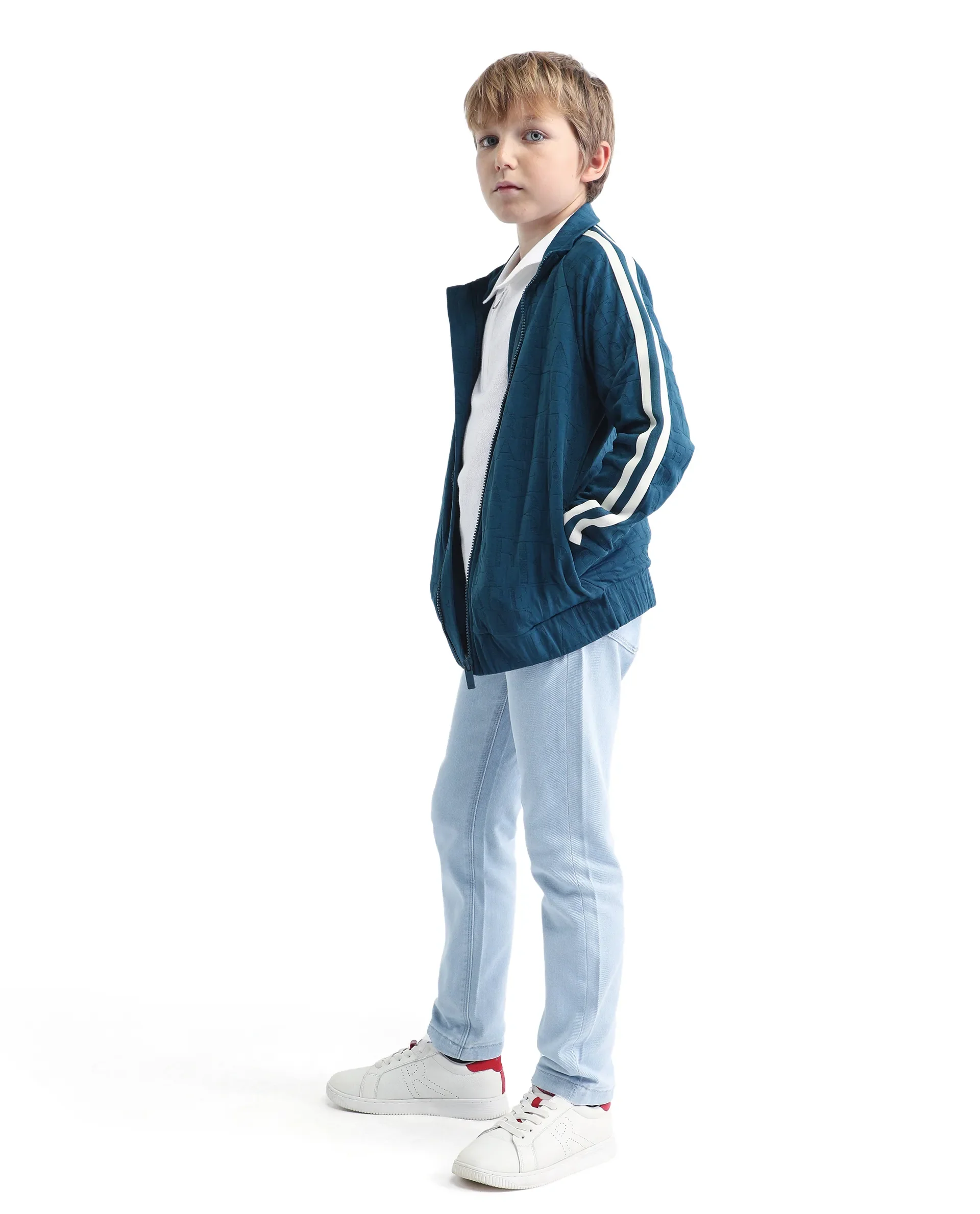 Rare Ones Kids Amni Teal Polyester Blend Zipper Closure High Neck Jacquard Full Sleeves Regular Fit Jacket - Image 2
